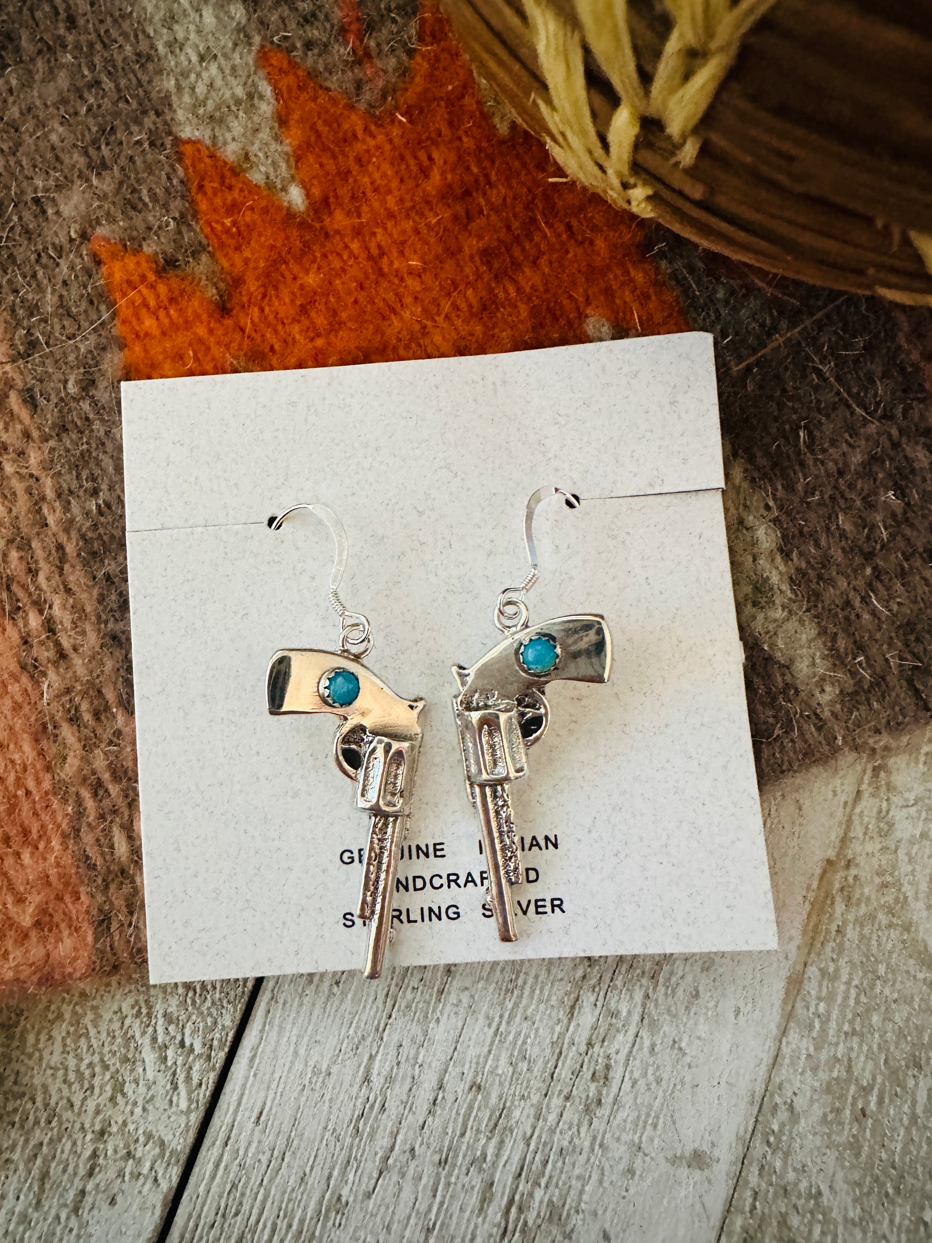 Handcrafted Turquoise And Sterling Silver Pistol Dangle Earrings