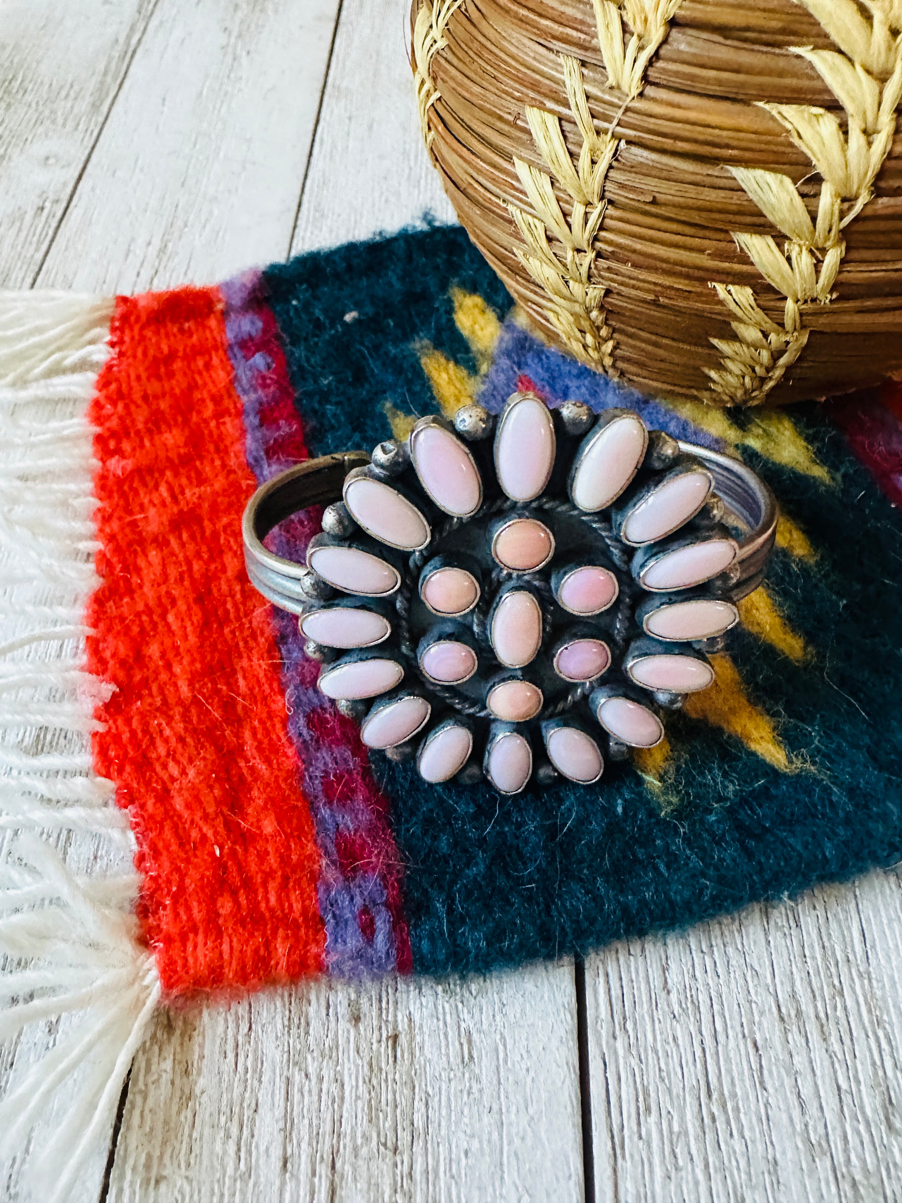 Navajo Queen Pink Conch Shell & Sterling Silver Cluster Cuff Bracelet