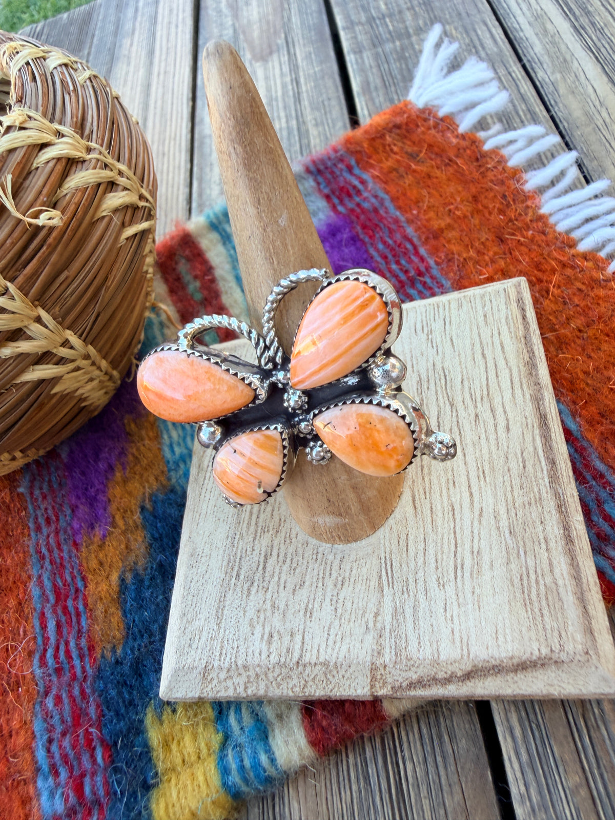 Handcrafted Spiny Oyster & Sterling Silver Butterfly Ring Size 9