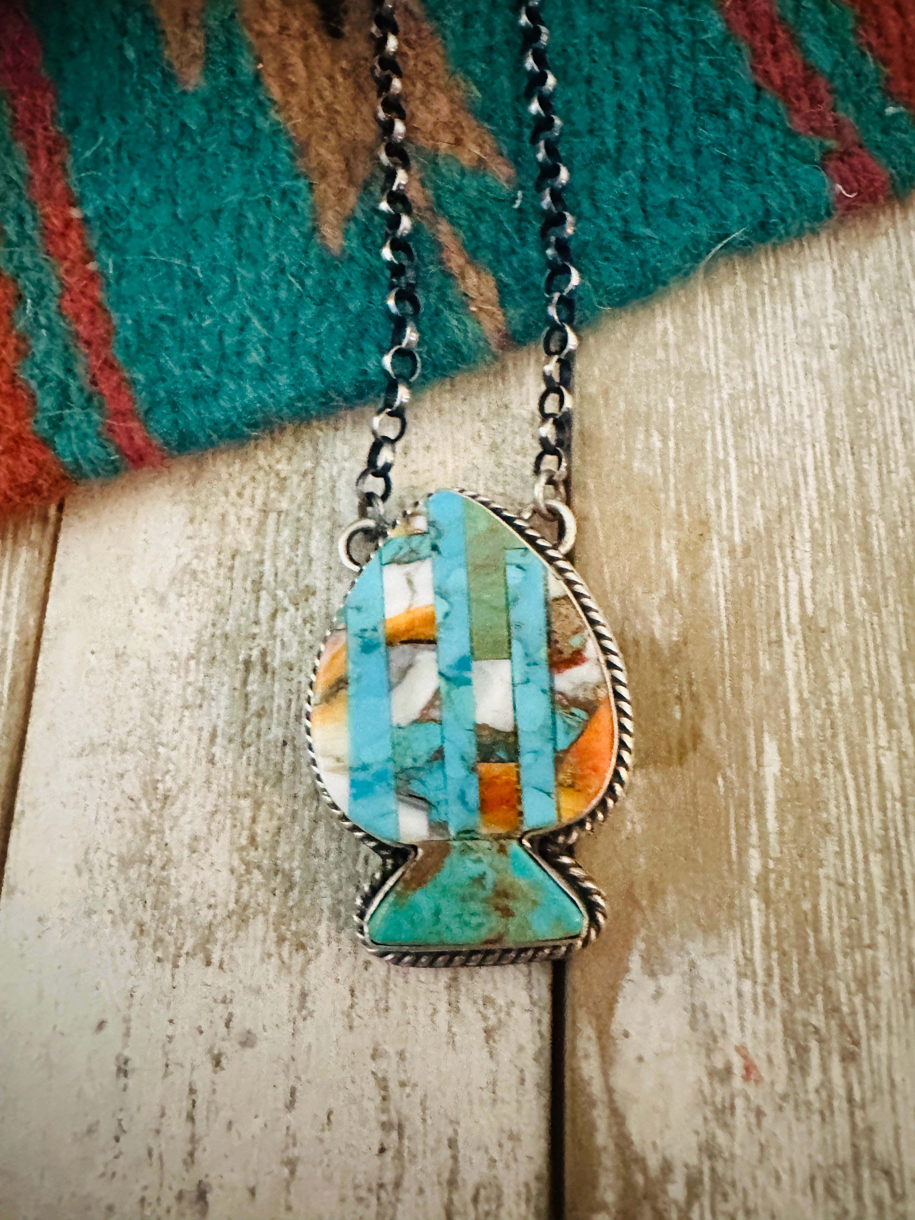 Navajo Sterling Silver & Multi Stone Inlay Spade Necklace