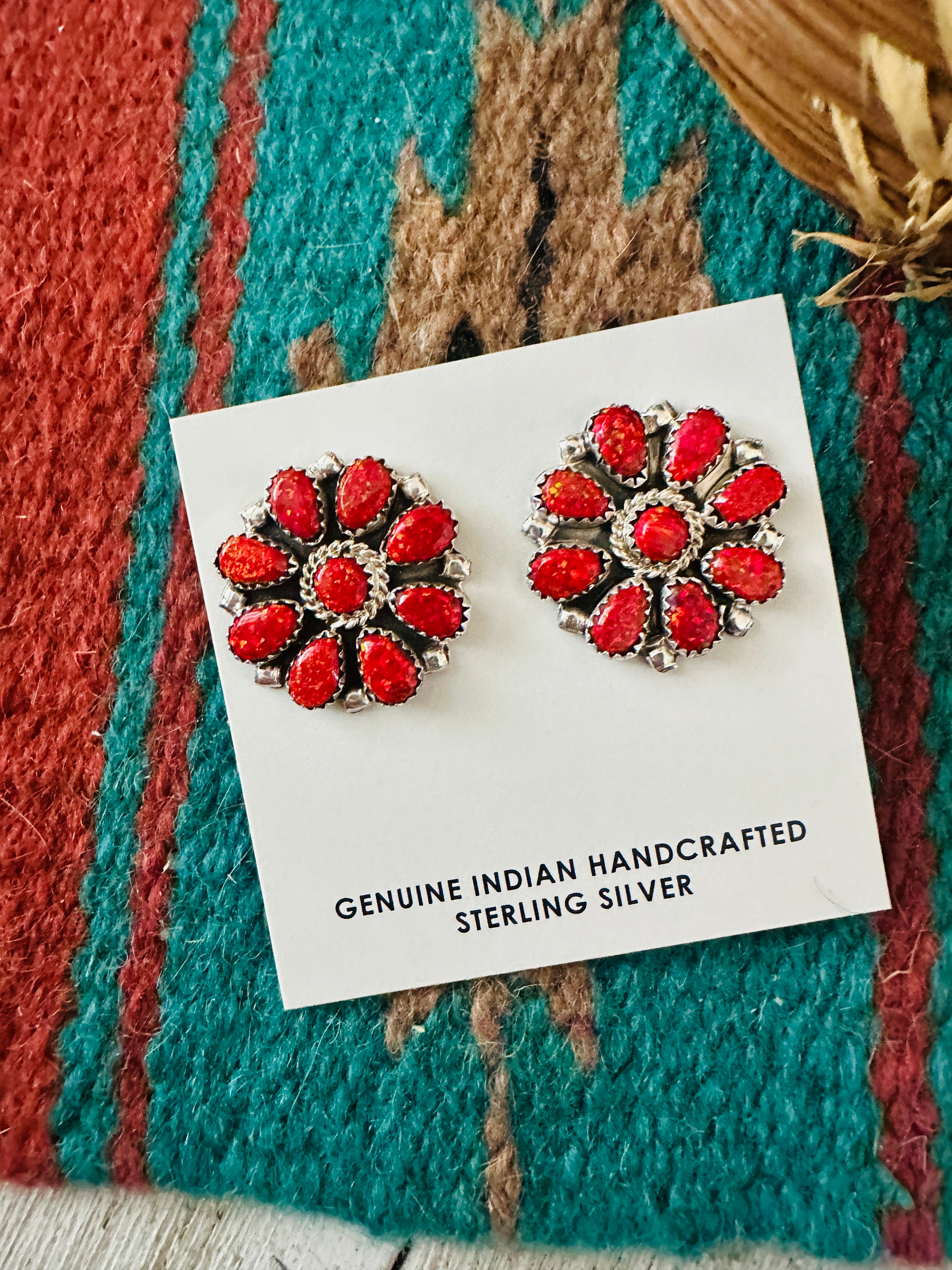 Handcrafted Red Opal & Sterling Silver Cluster Post Earrings