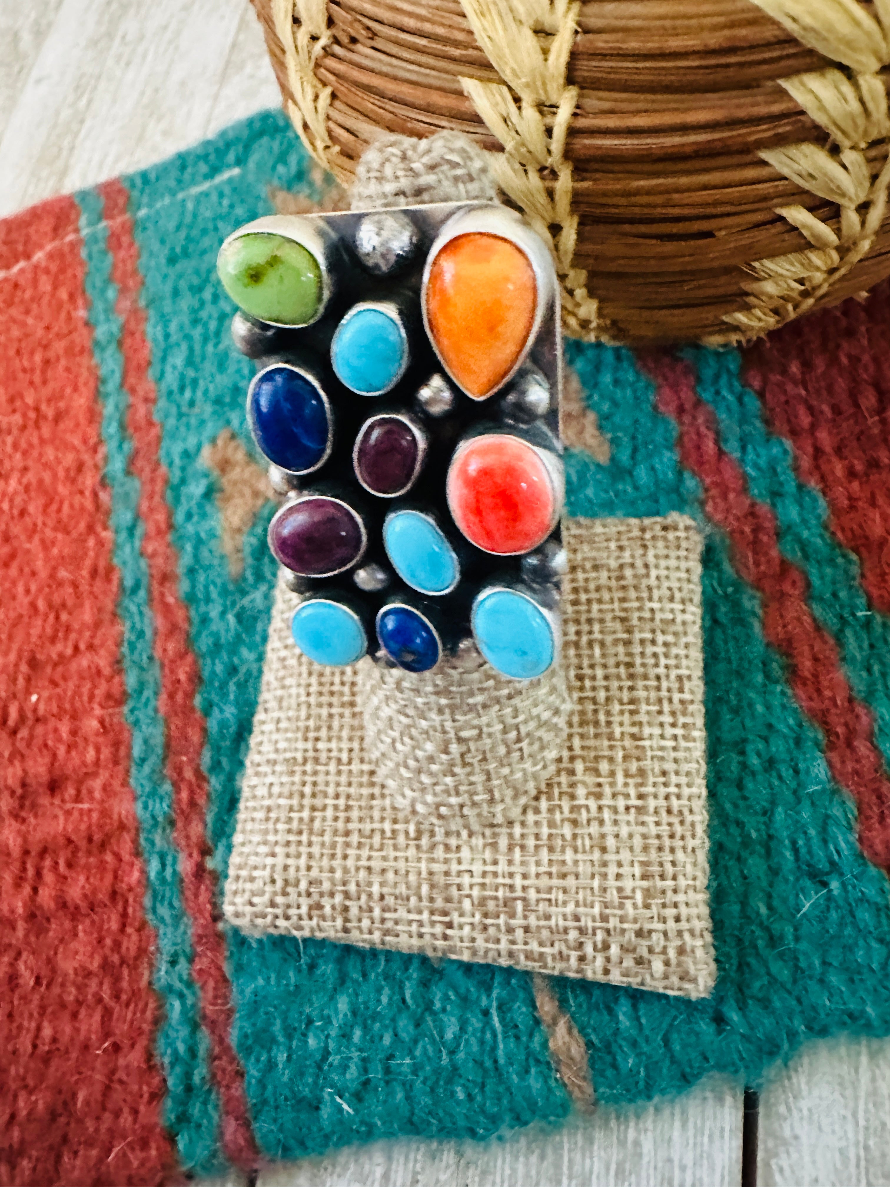 Handcrafted Sterling Silver & Multi Stone Cluster Ring Size 6