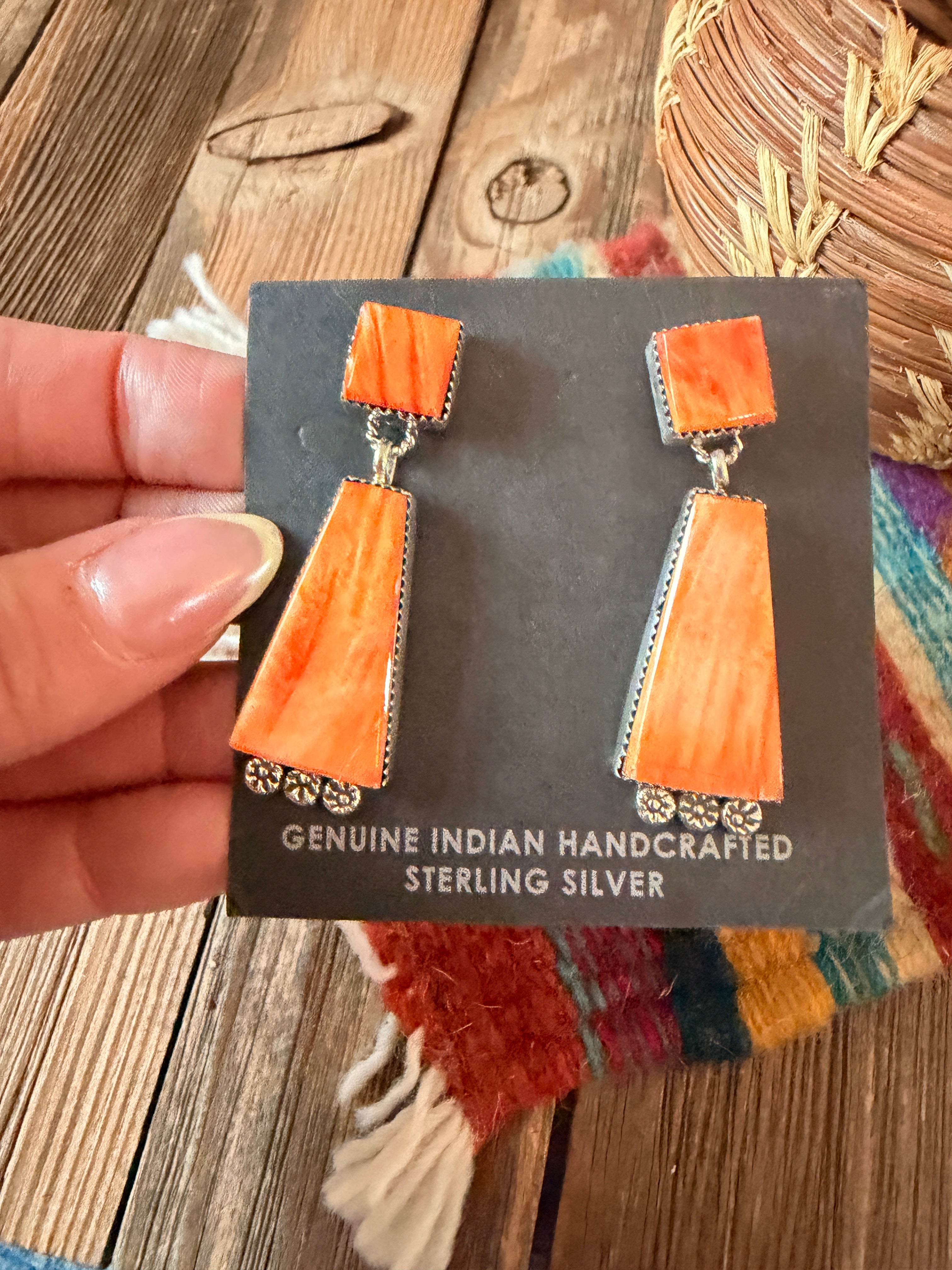 Handcrafted Orange Spiny And Sterling Silver Dangle Earrings