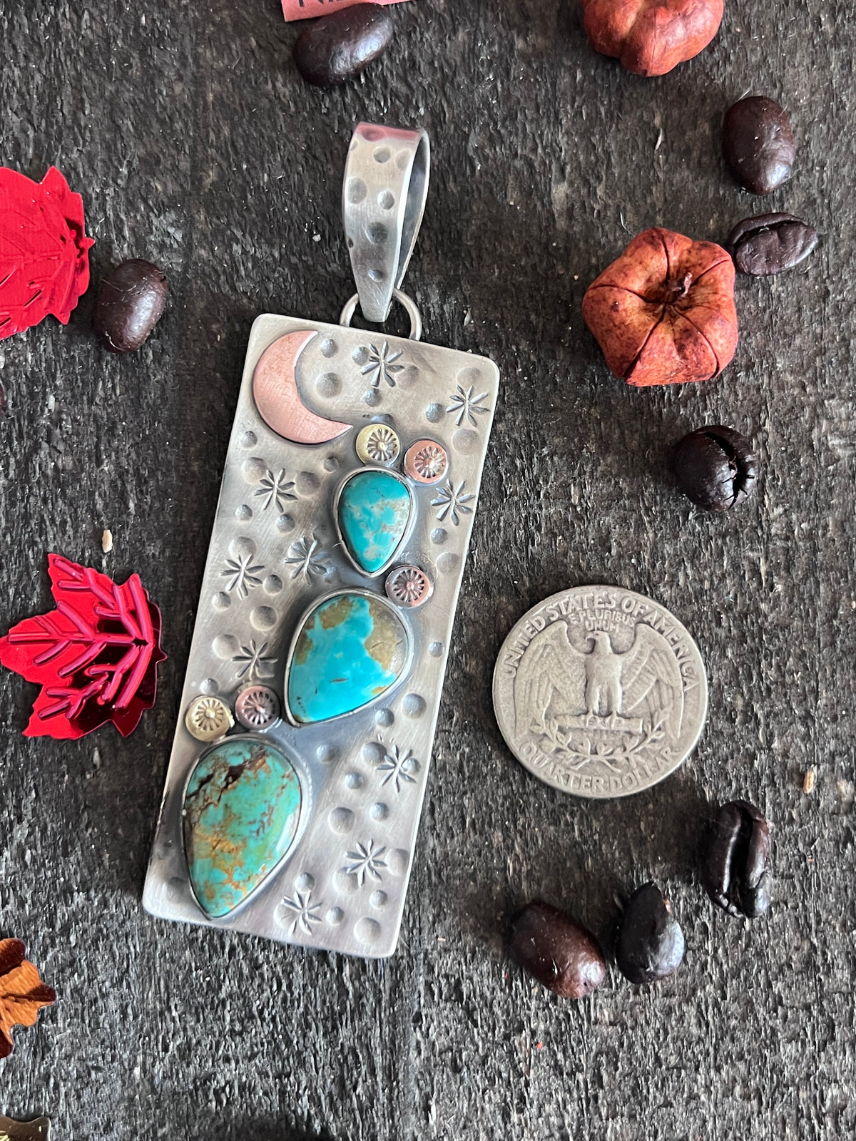 Kimari Somers Hand Stamped Sterling Silver, Copper, Brass & Kingman Turquoise Prickly Pear Cactus Moon Pendant