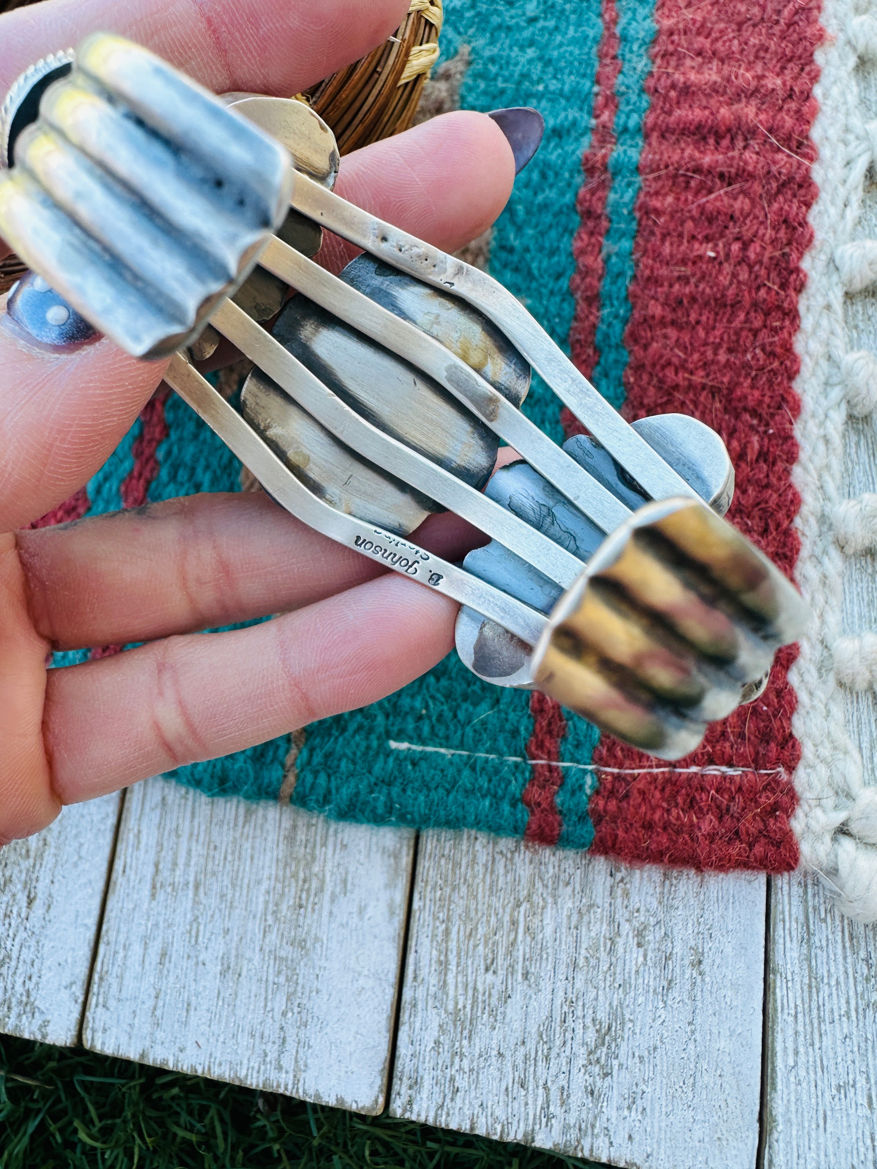 Handcrafted Sterling Silver & Carico Lake Turquoise Cluster Cuff Bracelet by Bobby Johnson