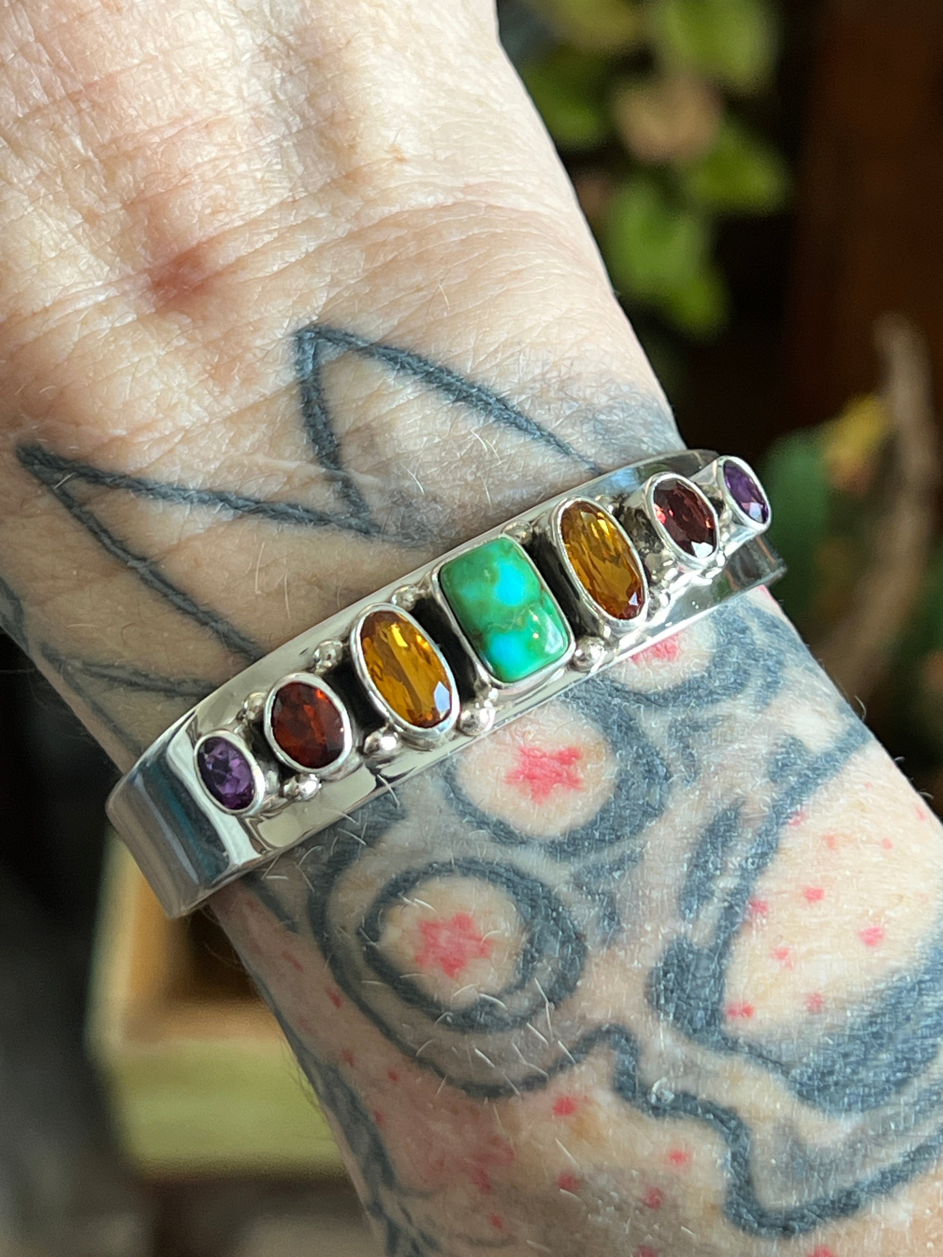 Handcrafted Sterling Silver Gems & Jewels Stacker Cuff Bracelet by Lucy Jake, Wider