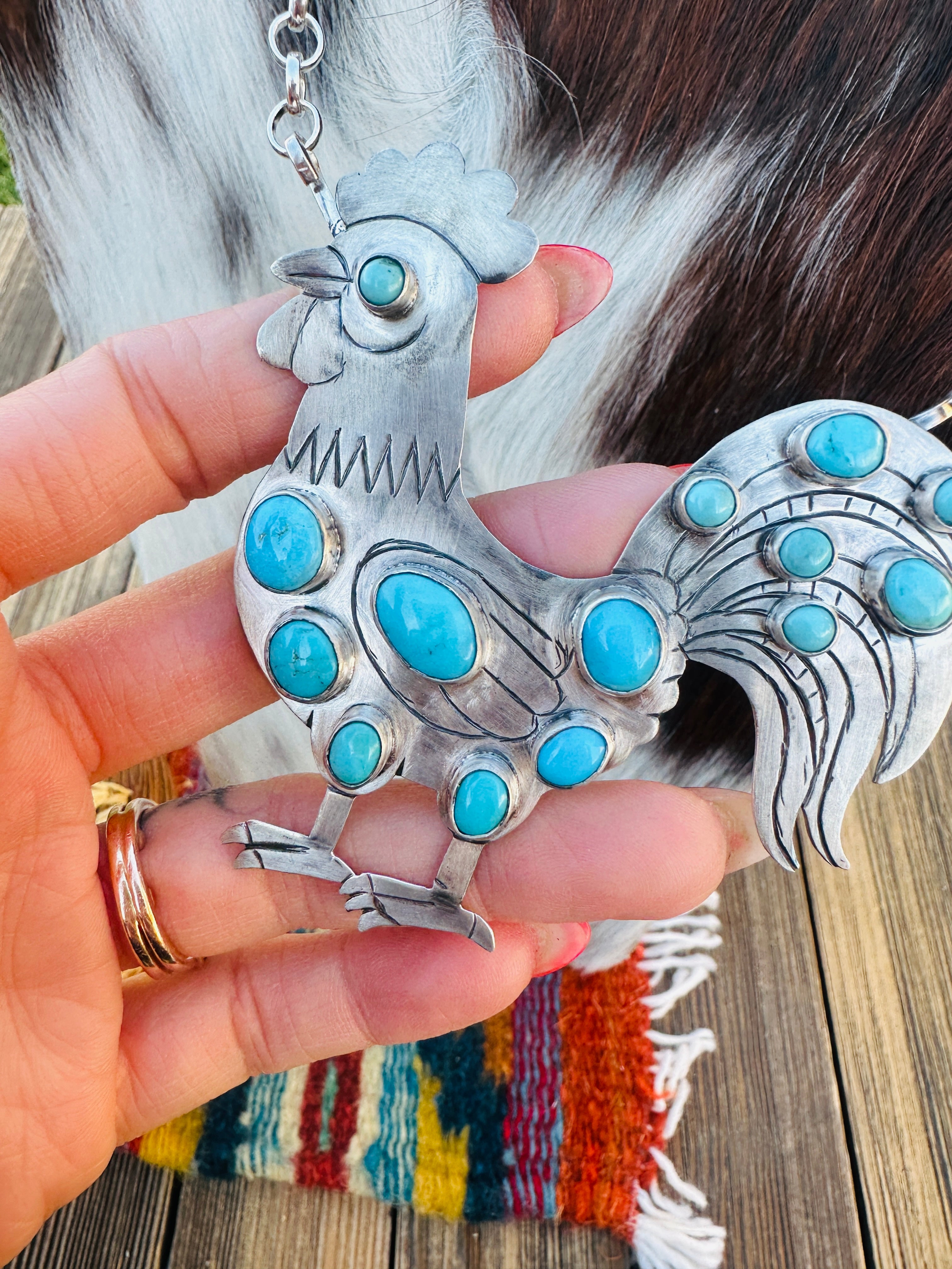 Handcrafted Turquoise & Sterling Silver Rooster Necklace