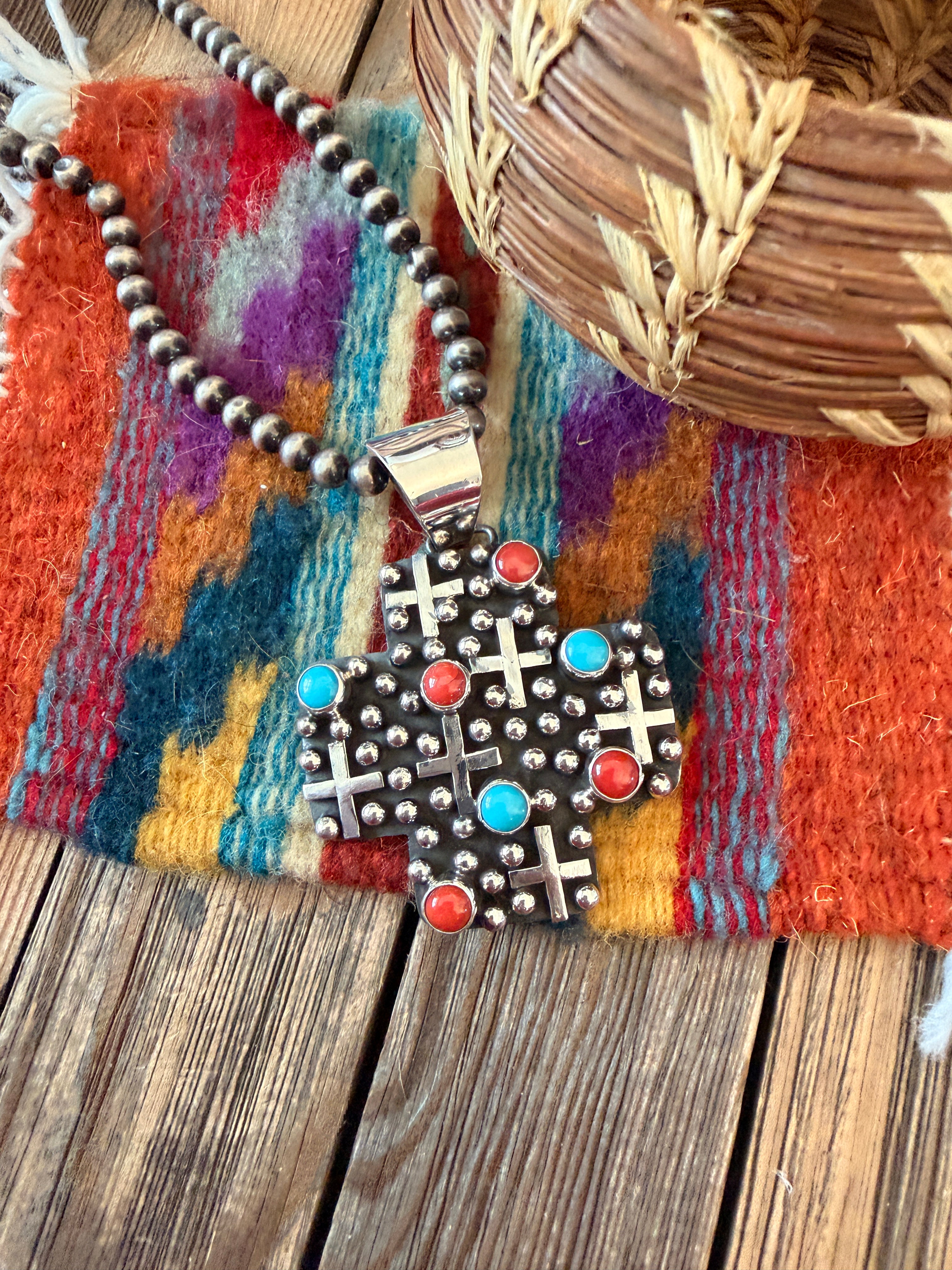 Handcrafted Turquoise, Coral & Sterling Silver Cross Pendant by Geneva Apachito