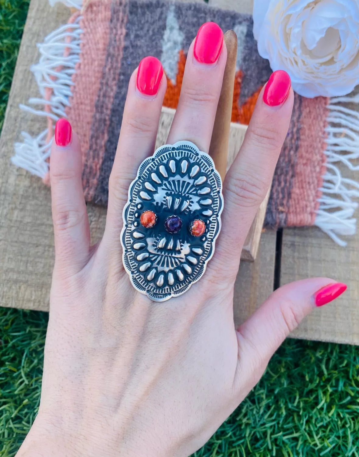 Handcrafted Spiny, Sterling Silver Adjustable Concho Ring by Leander Tahe