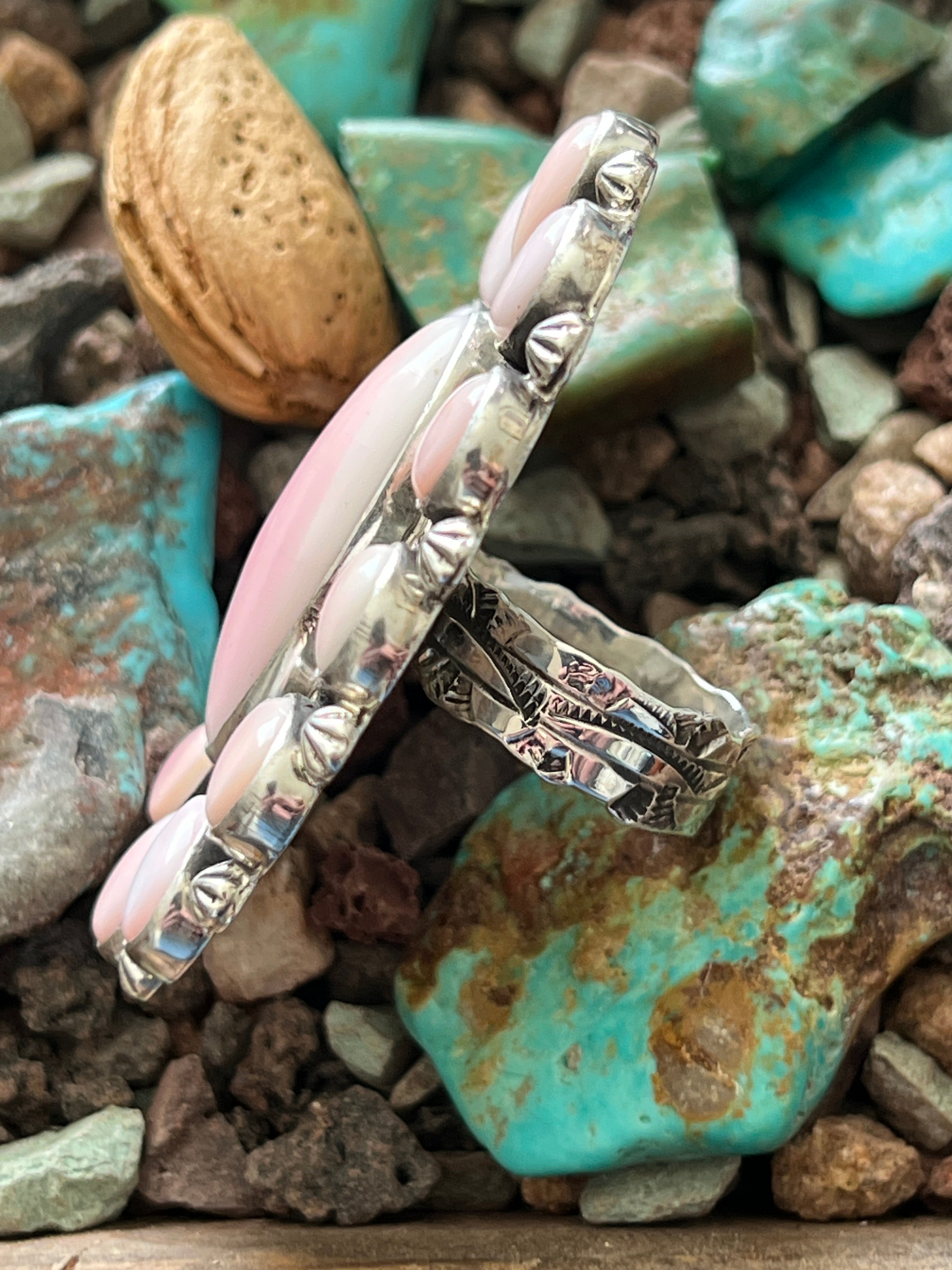 Handcrafted Sterling Silver and Oval Queen Pink Conch Shell Cluster Ring by Aaron Tallis, Adjustable