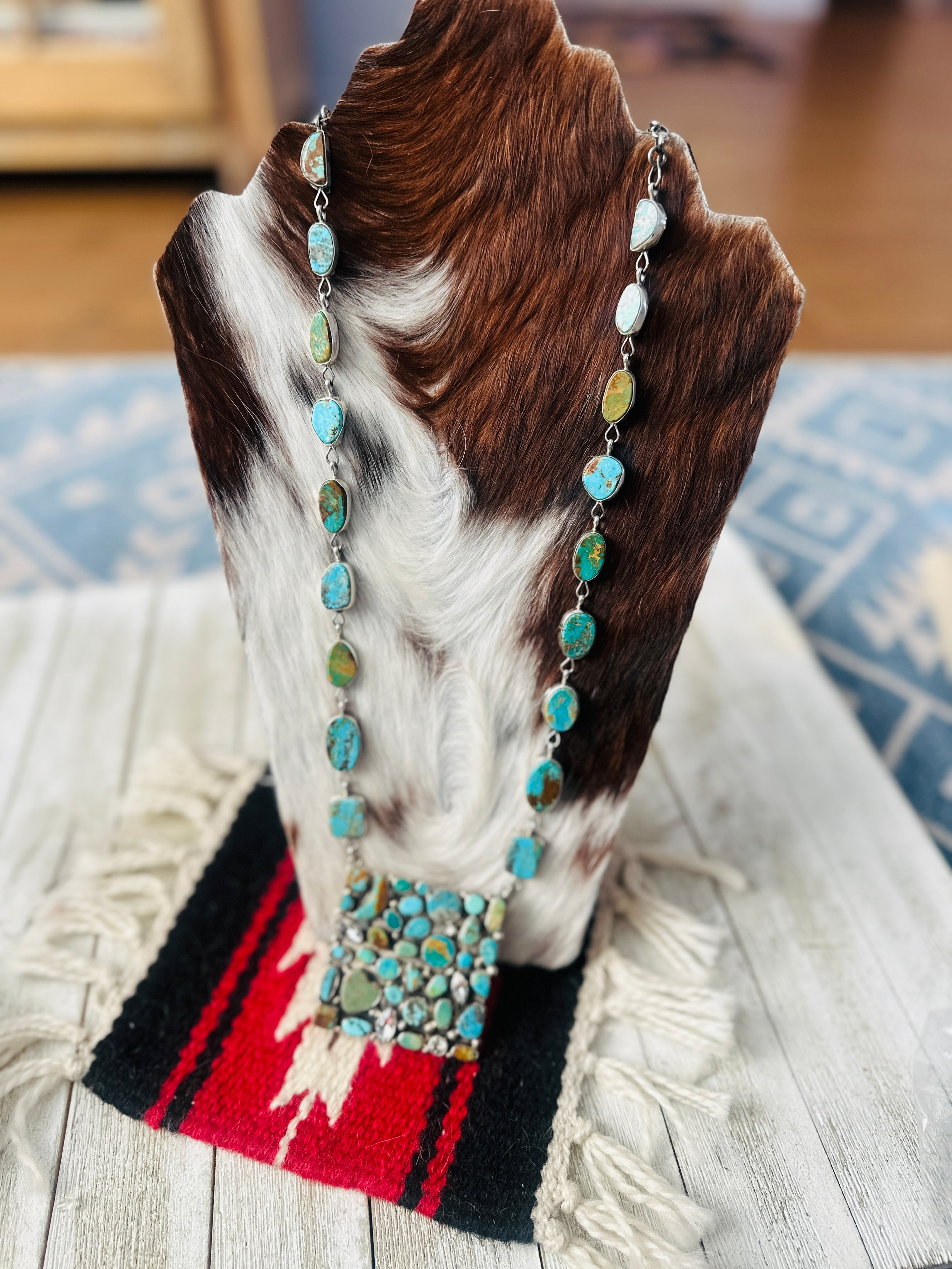 Handcrafted Royston Turquoise, CZ & Sterling Silver Cluster Necklace by Jacqueline Silver