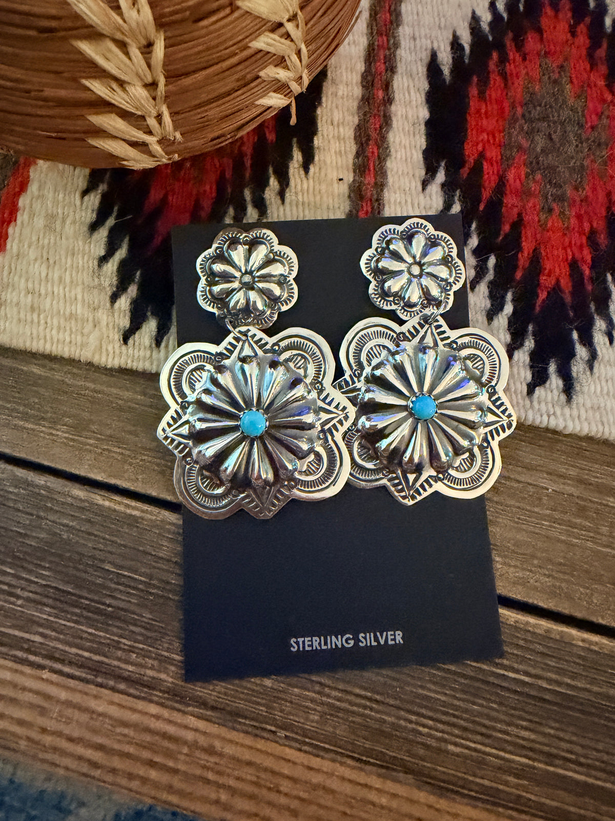 Handcrafted Turquoise & Sterling Silver Concho Dangle Earrings by Genevieve Blackgoat