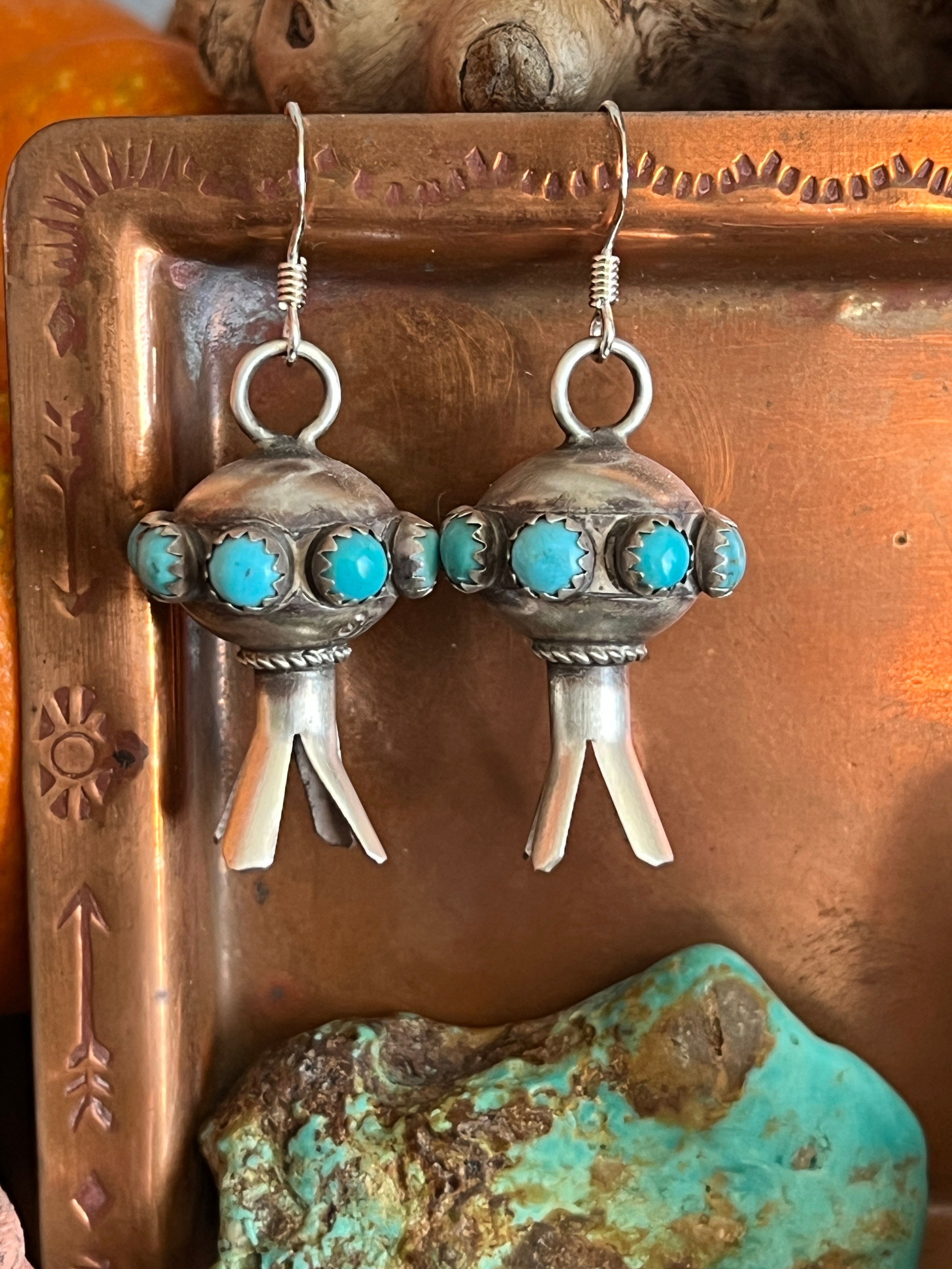 Handcrafted Sterling Silver Blossom Dangle Earrings with Turquoise by Monica Smith