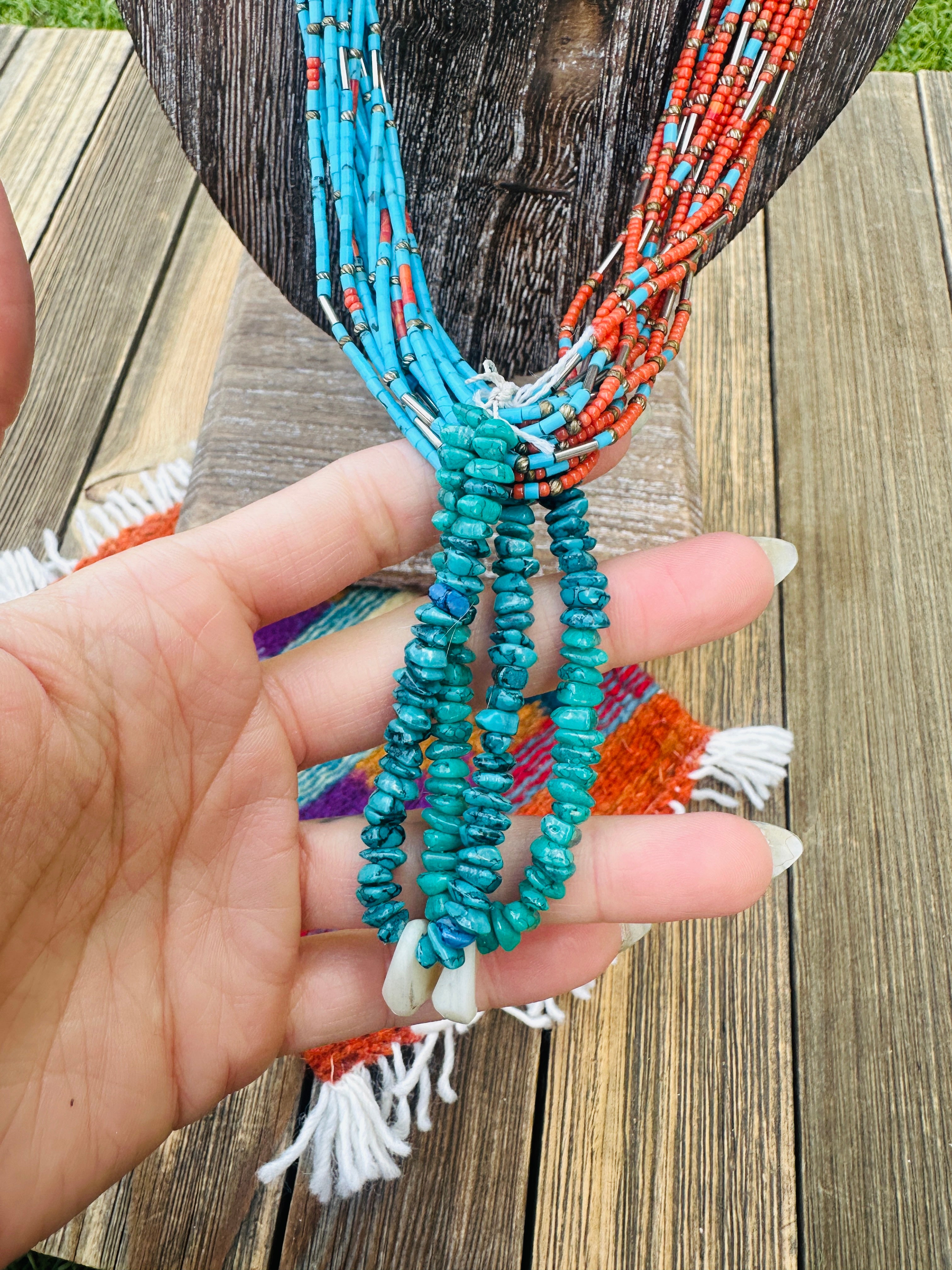 Old Pawn Handcrafted Turquoise, Coral & Sterling Silver Beaded 36” Necklace