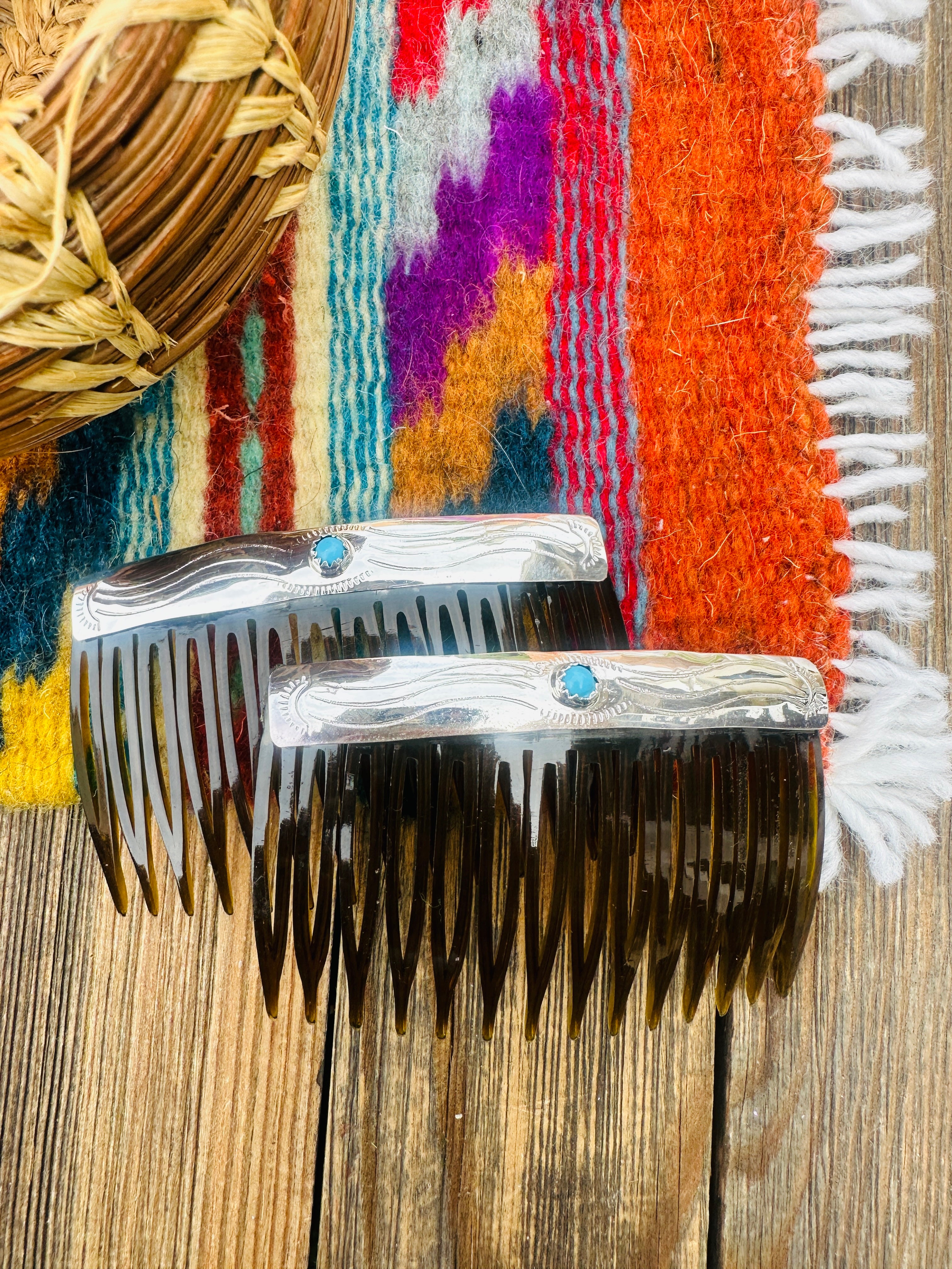 Handcrafted Turquoise & Sterling Silver Hair Comb Set