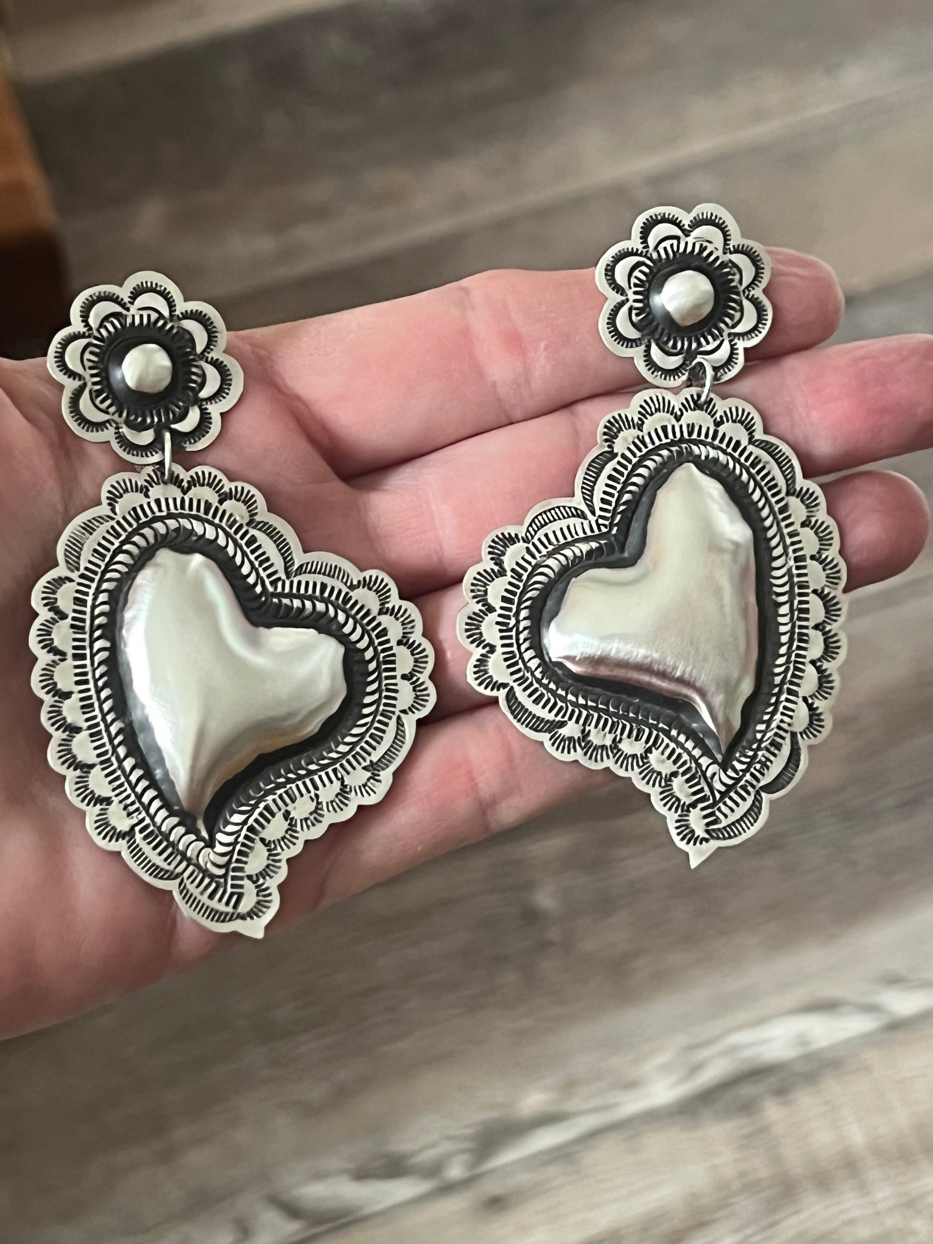 Handcrafted Sterling Silver Stamped Repousse Heart Earrings by Leander Tahe, AH2