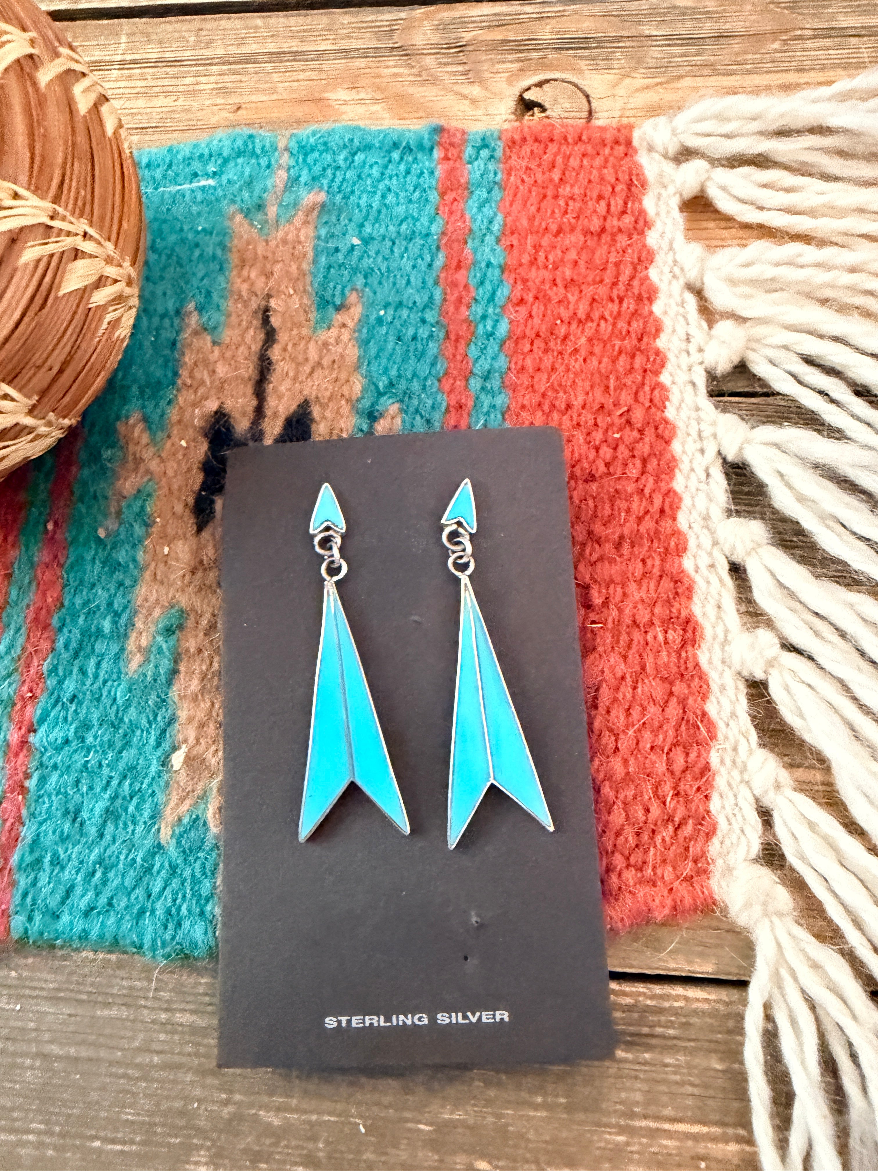 Old Pawn Handcrafted Sterling Silver & Turquoise Inlay Dangle Earrings