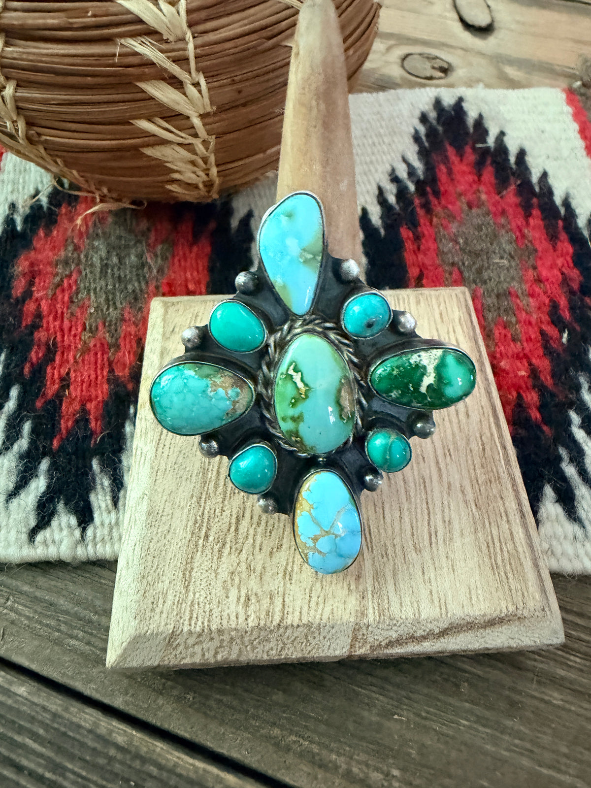Handcrafted Turquoise & Sterling Silver Cluster Adjustable Ring