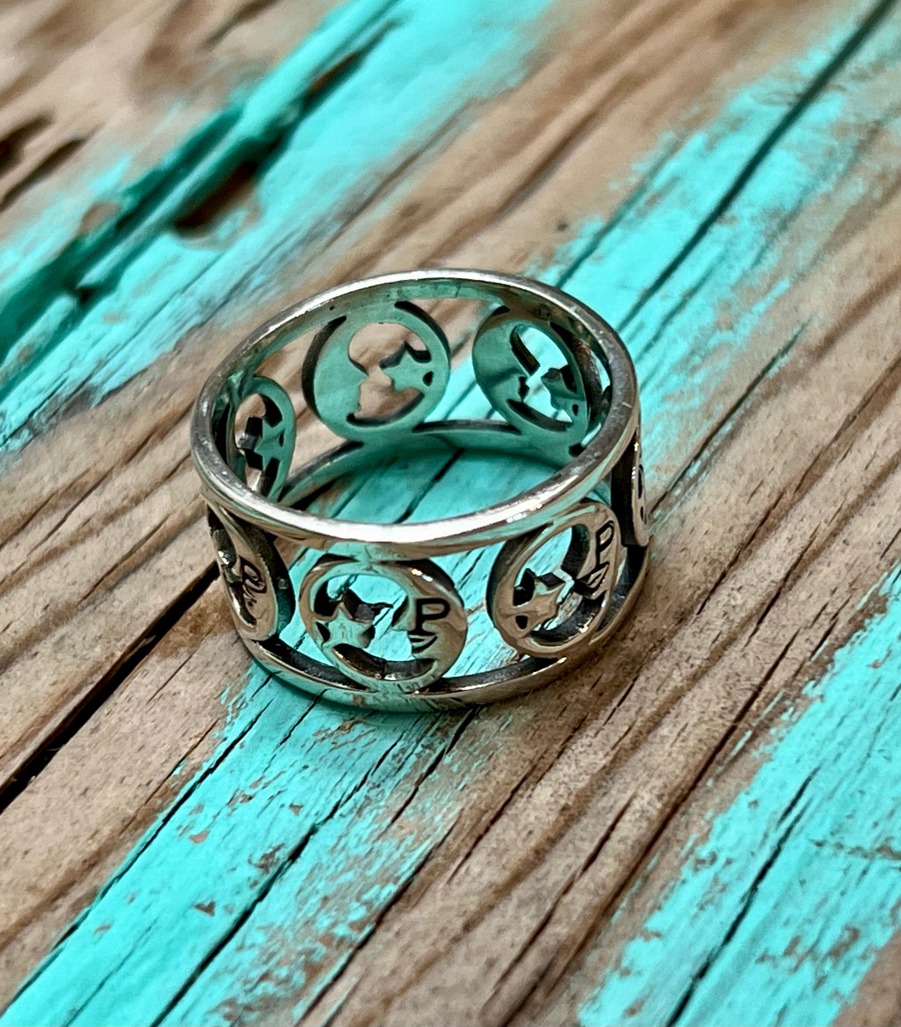 Moon & Star Sterling Silver Band Ring