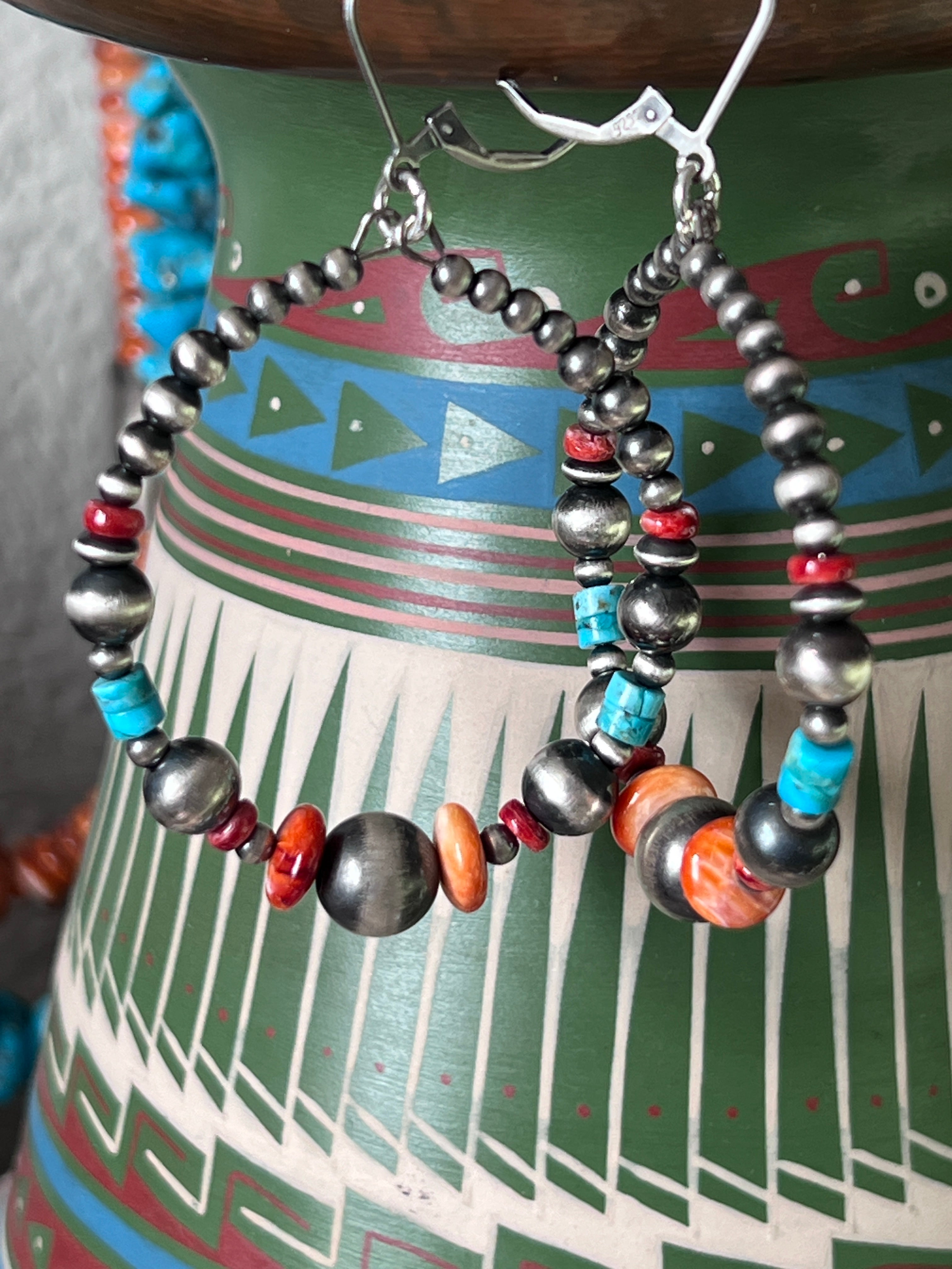 Handcrafted Electric Rainbow Sterling Silver, Turquoise & Spiny Oyster Beaded Hoop Earrings, Leverback