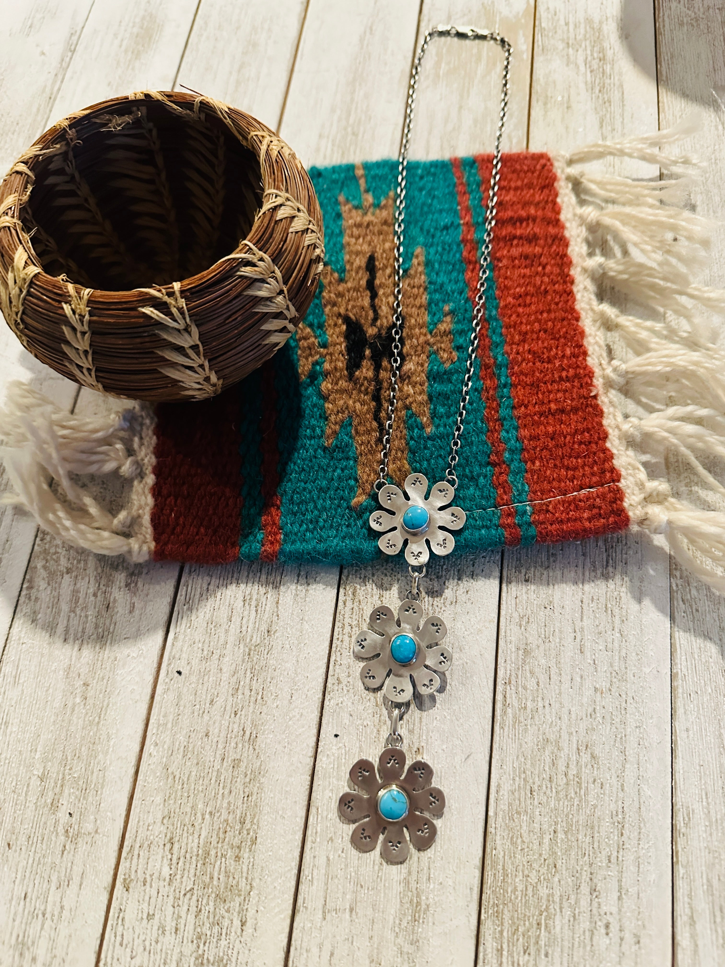 Handcrafted Sterling Silver & Turquoise Flower Lariat Necklace