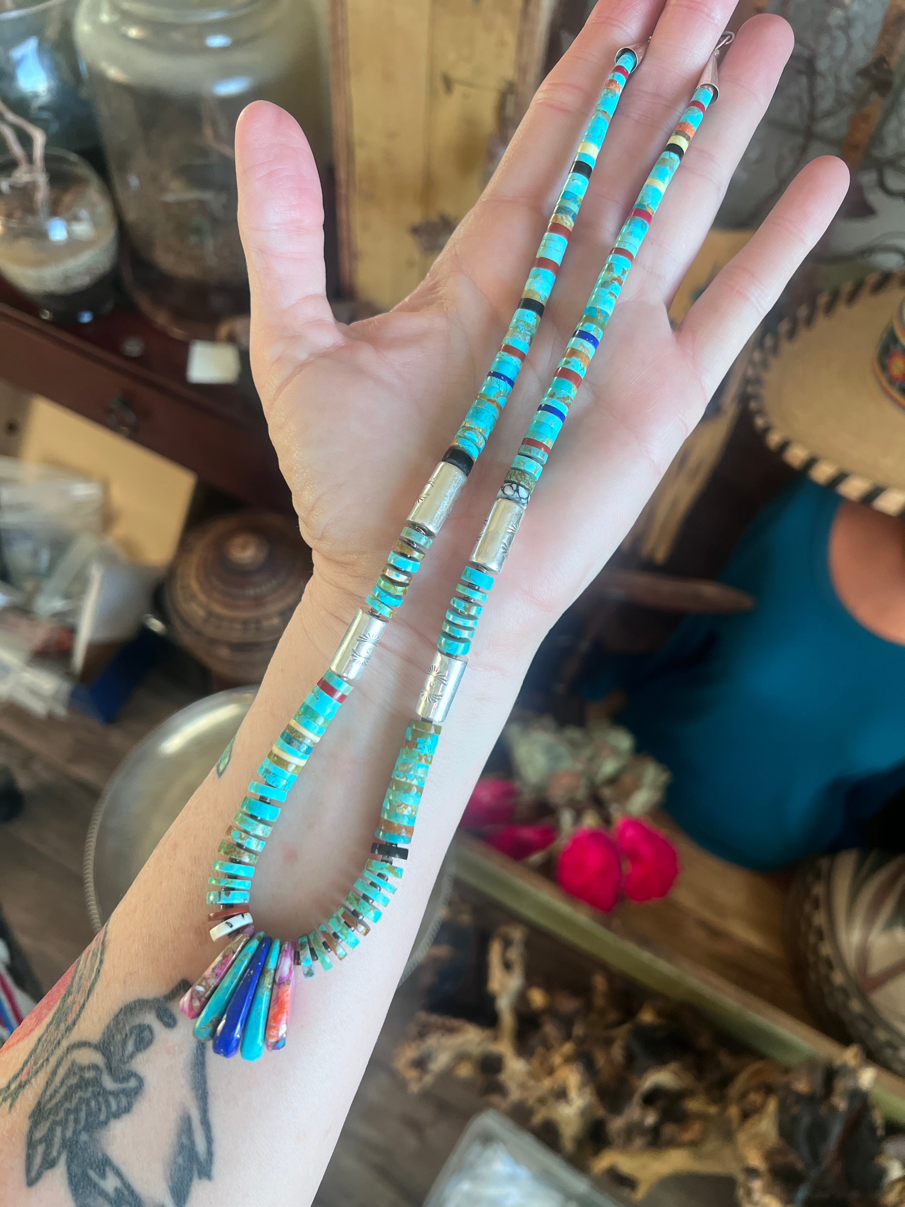 Ronald Chavez Handcrafted Sterling Silver & Multistone Heishi Beaded Necklace with Tabs, 22 inches