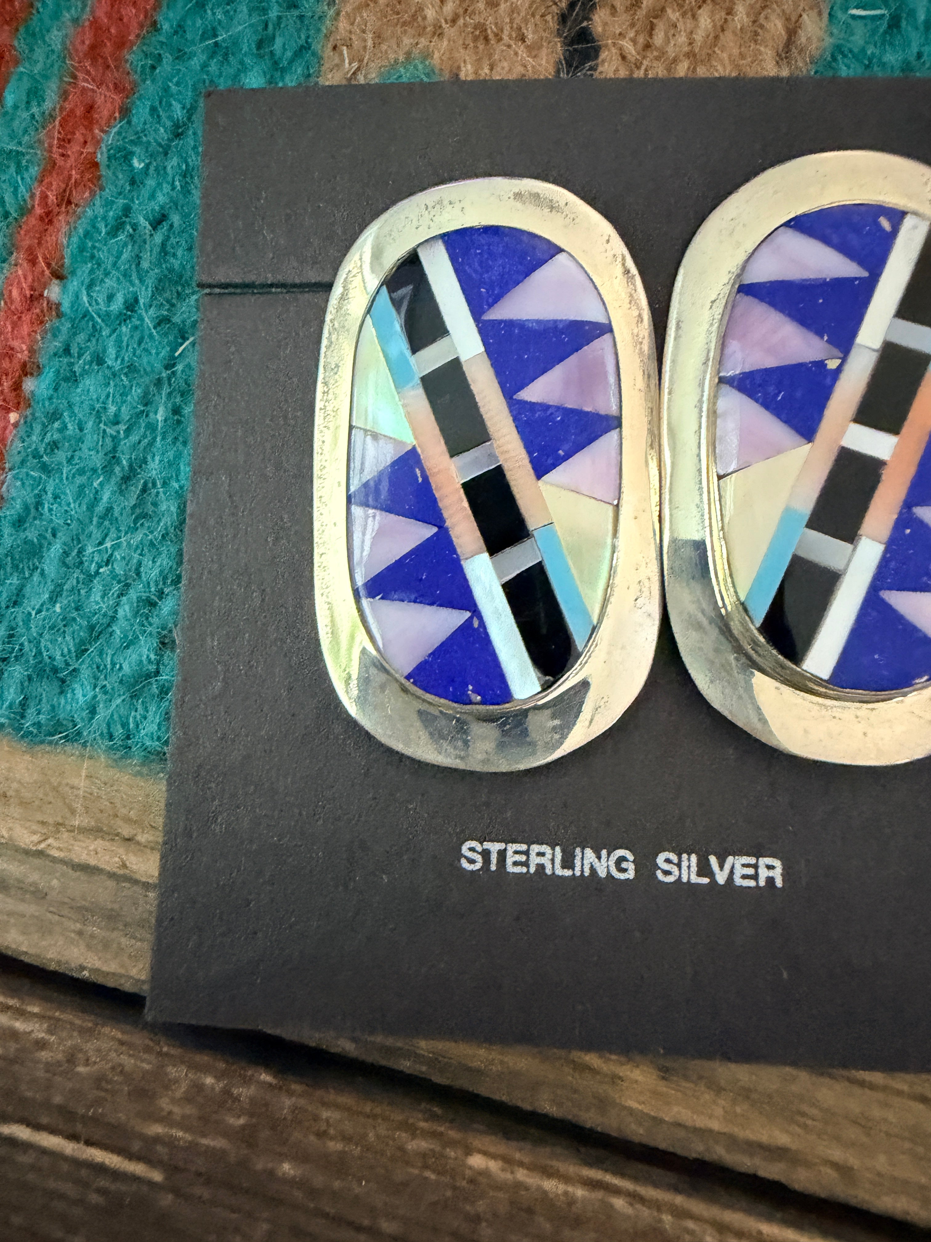 Old Pawn Handcrafted Sterling Silver & Multi Stone Inlay Post Earrings