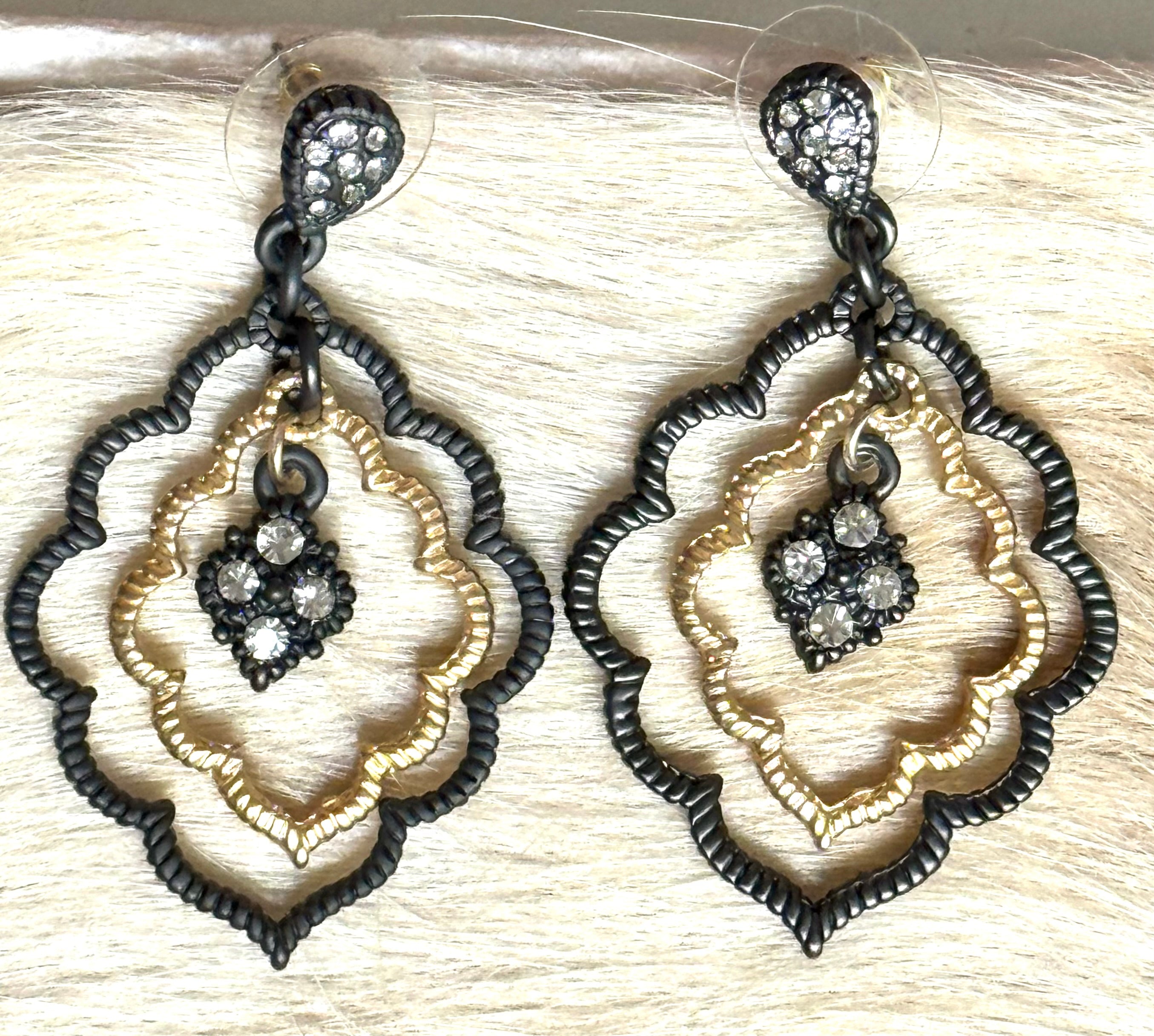 14k Gold Plated CZ Floating Hem Black Dangle Earrings