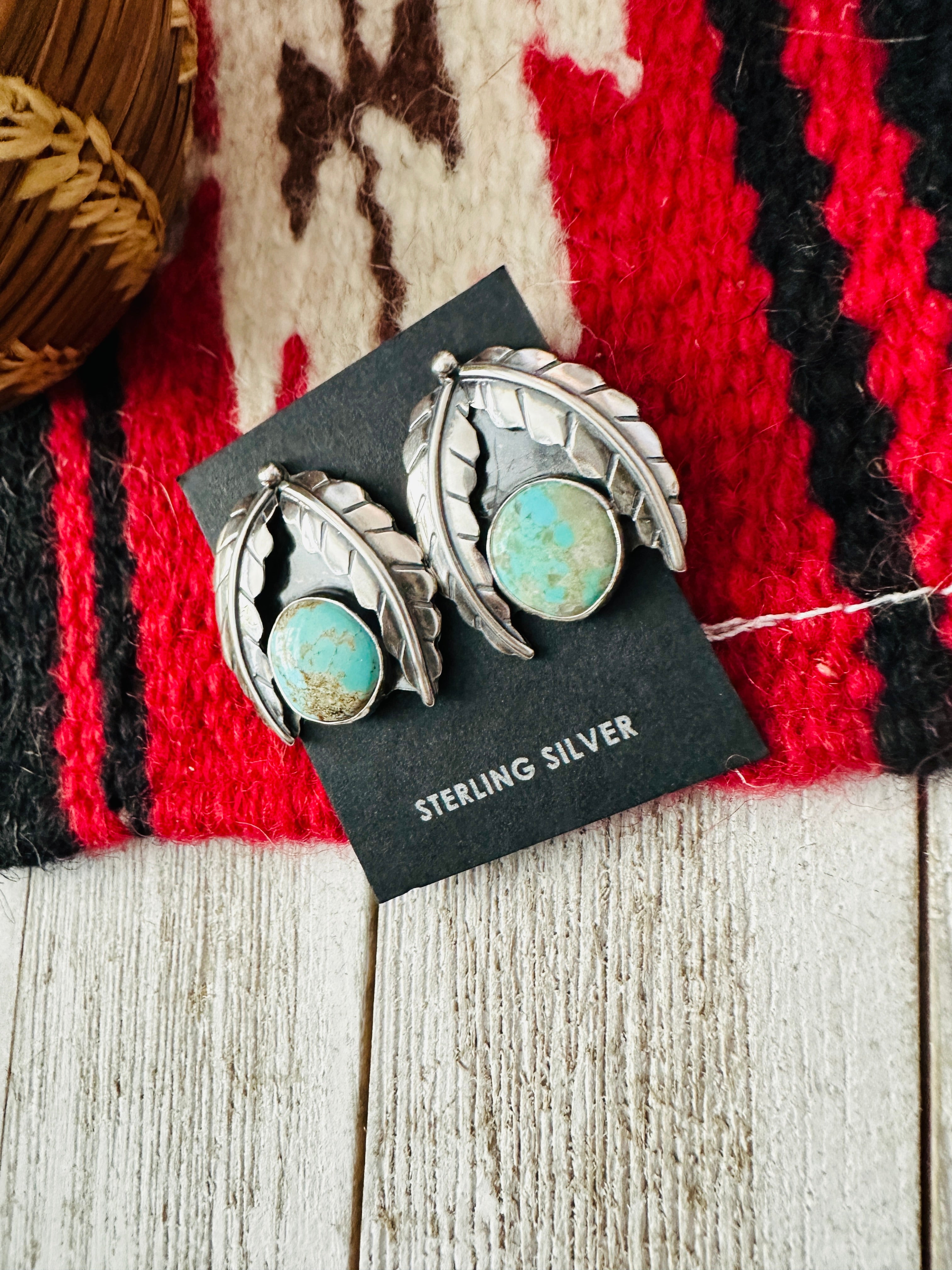 Handcrafted Number 8 Turquoise & Sterling Silver Leaf Post Earrings