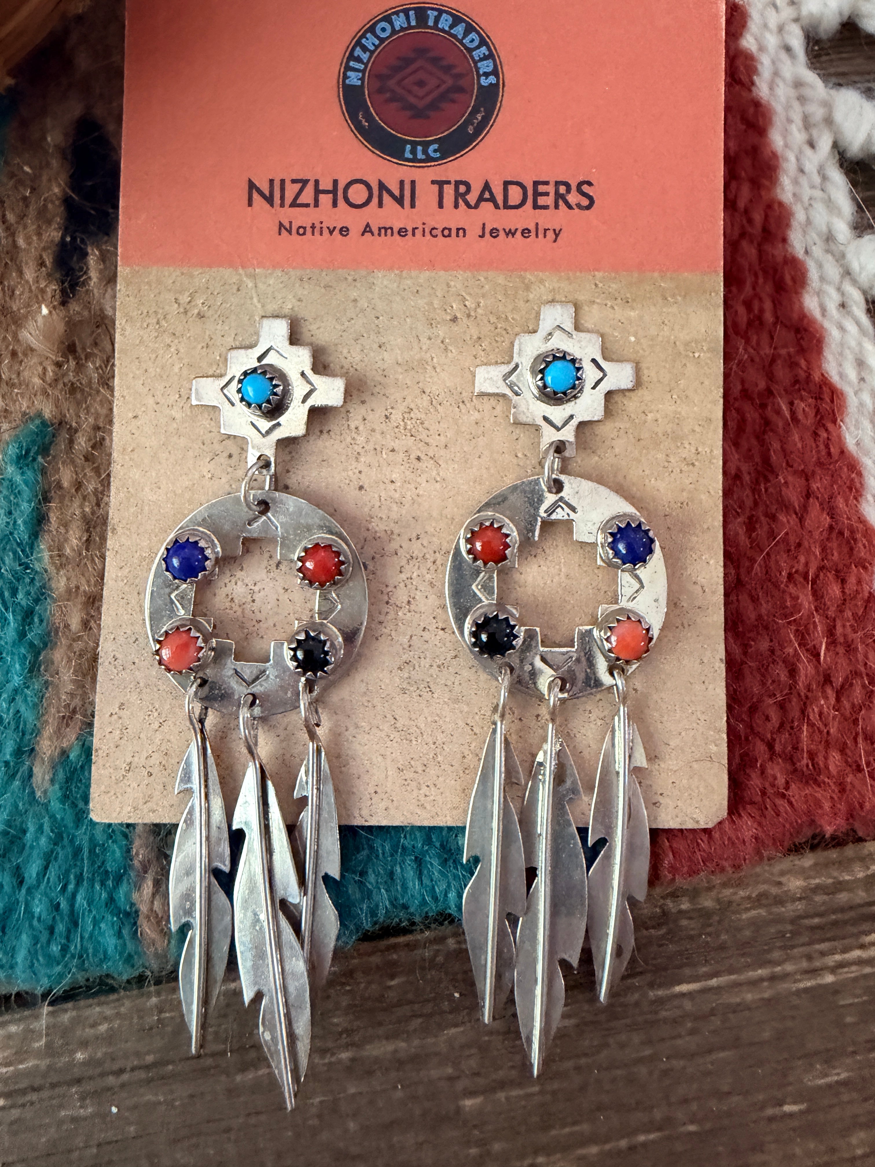 Old Pawn Handcrafted Sterling Silver & Multi Stone Feather Dangle Earrings