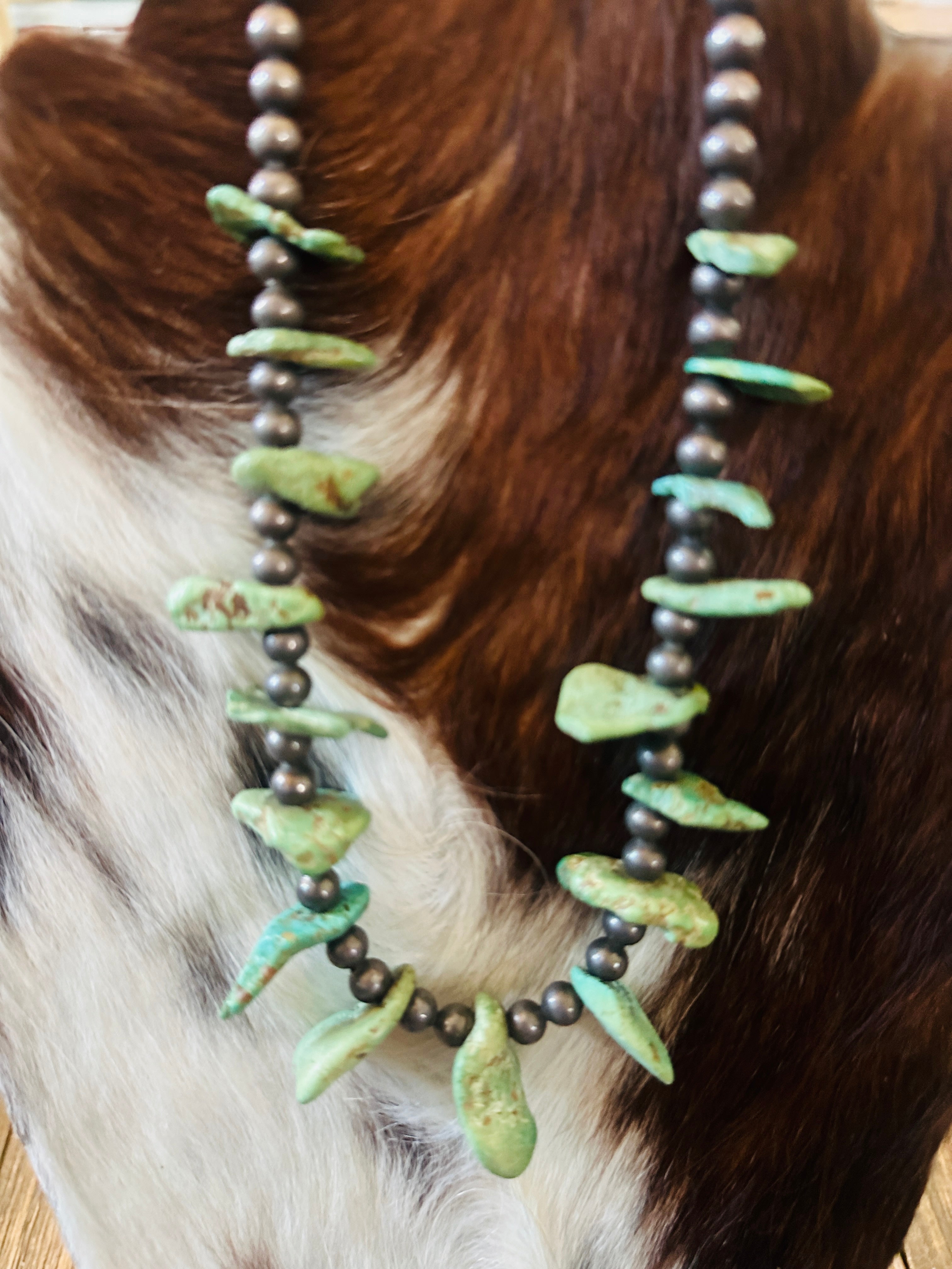 Old Pawn Handcrafted Turquoise & Sterling Silver Beaded 16” Necklace