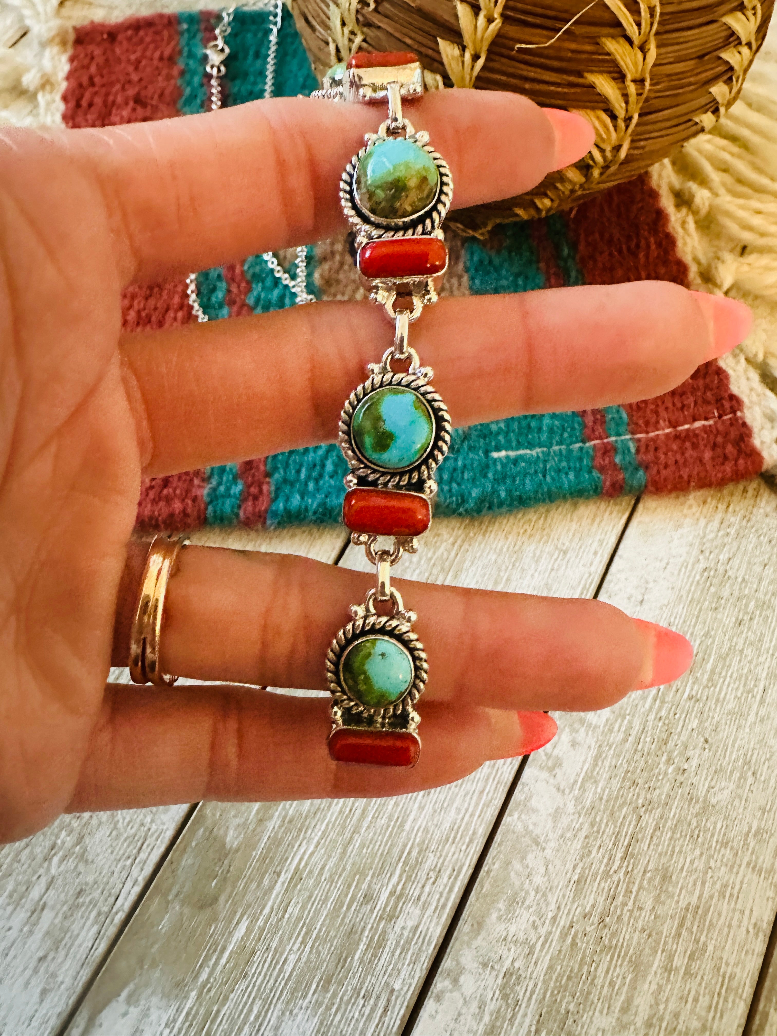 ** Christmas Collection ** Handmade Sterling Silver, Turquoise & Coral Necklace Signed Nizhoni