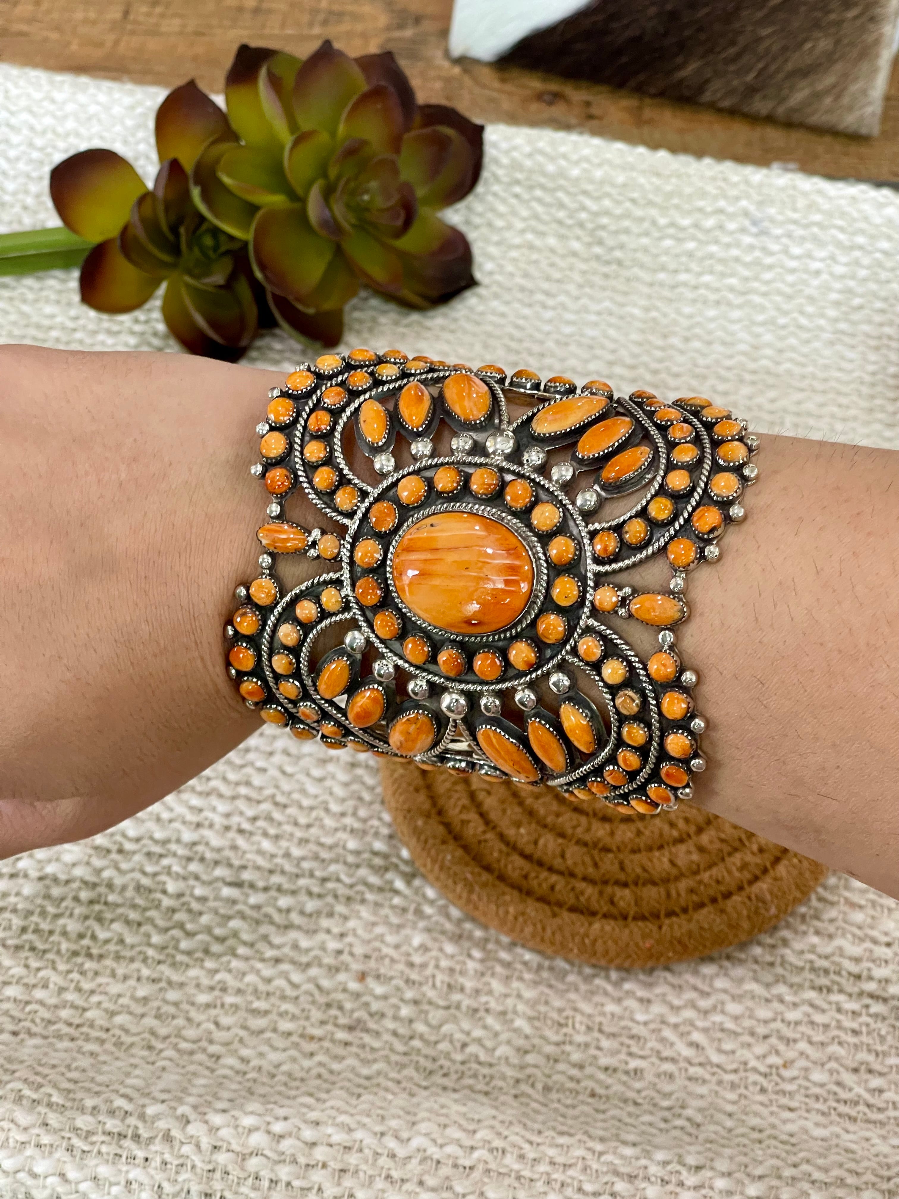 Beautiful Handmade Sterling Silver & Orange Spiny Cuff Bracelet