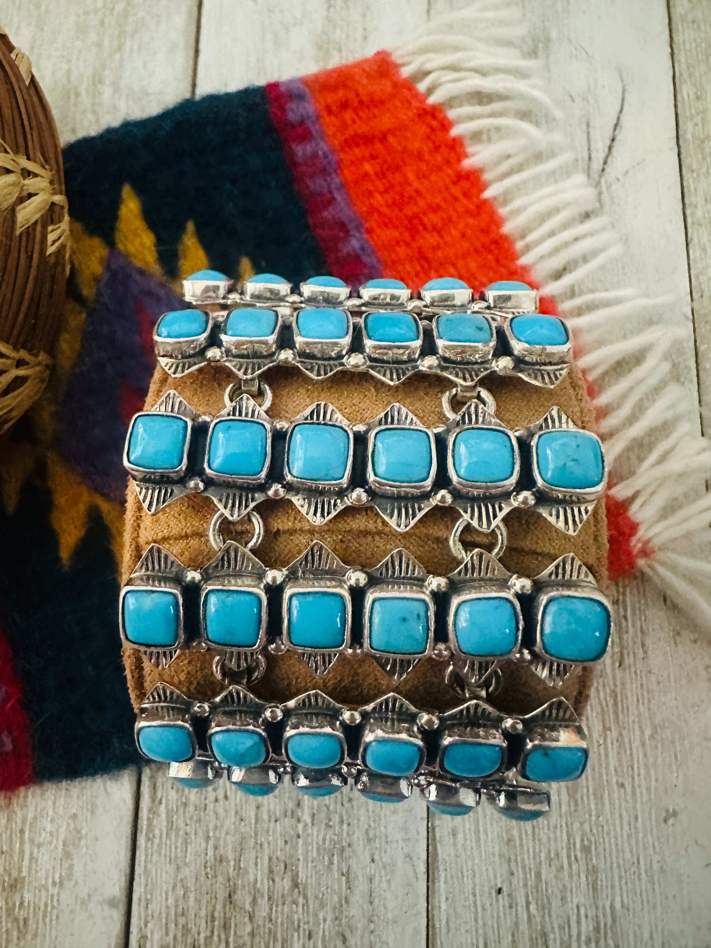 Handcrafted Sterling Silver and Turquoise Link Bracelet by Federico Jimenez