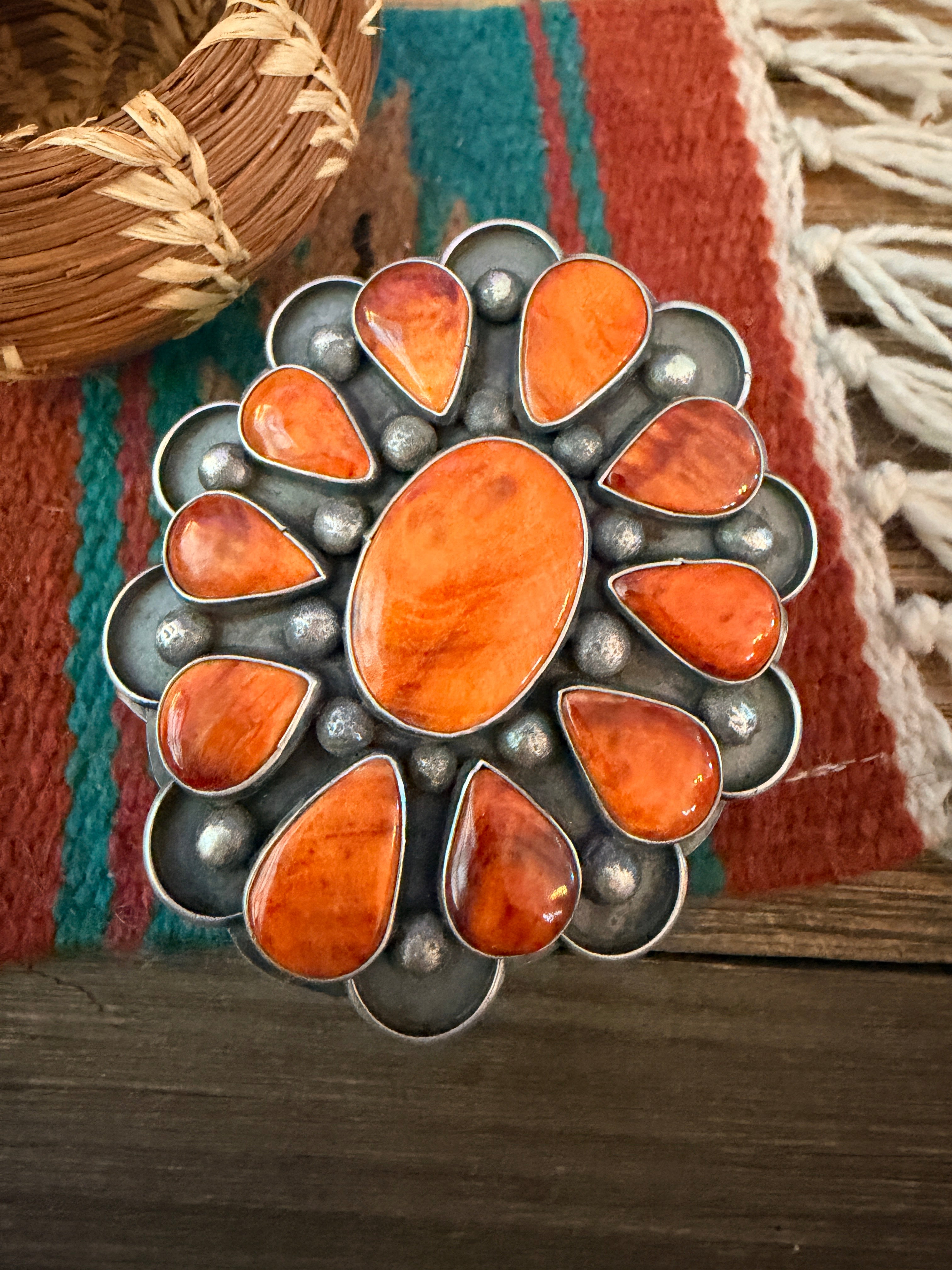 Handcrafted Orange Spiny & Sterling Silver Flower Cuff Bracelet by Chimney Butte