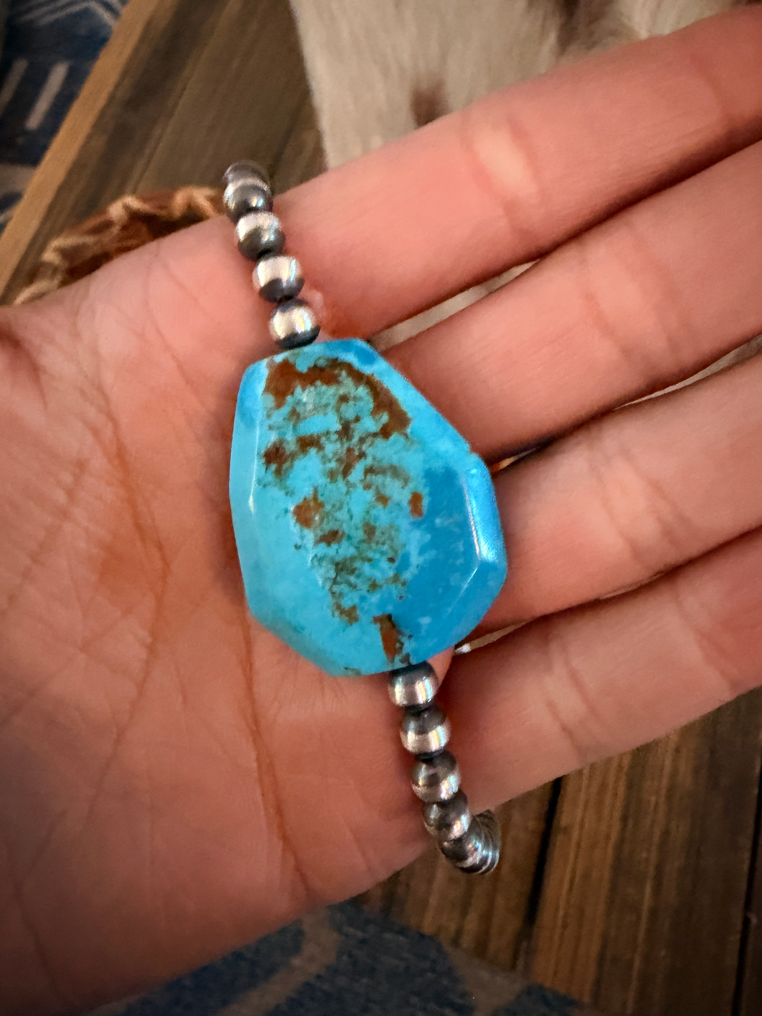 Handcrafted Kingman Turquoise & Sterling Silver Pearl 18” Beaded Necklace