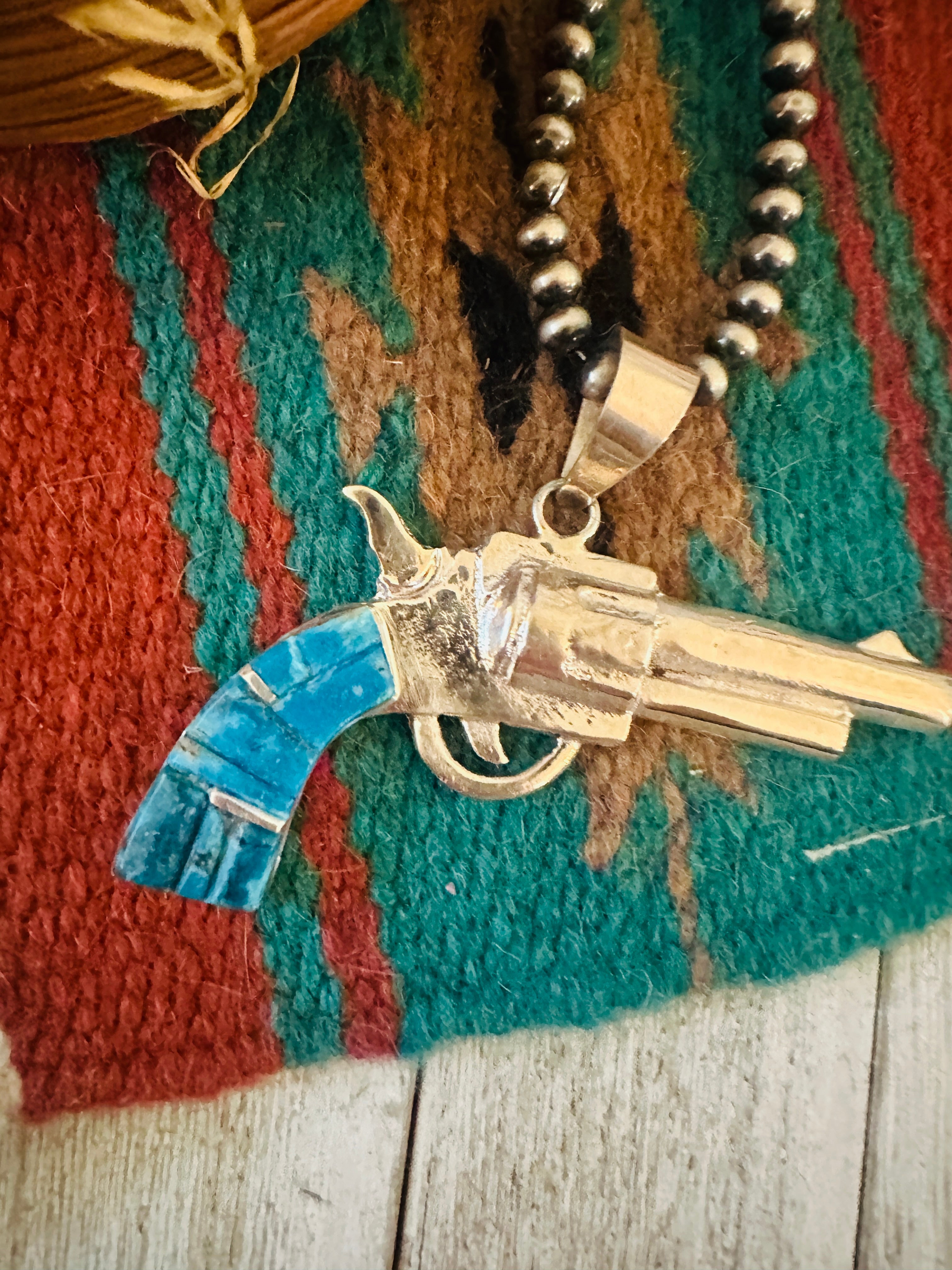Handcrafted Sterling Silver & Turquoise Inlay Pistol Pendant