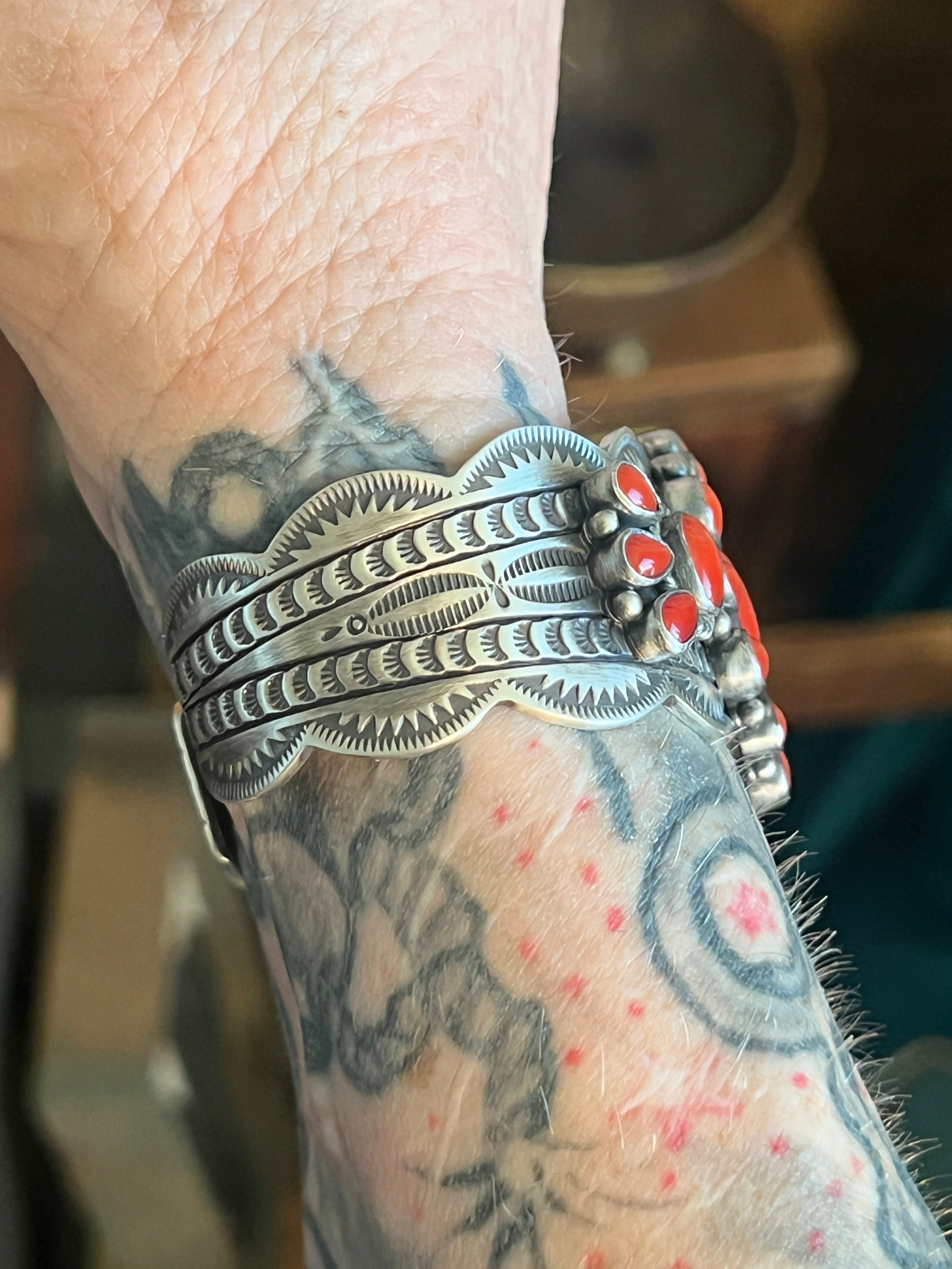 Handcrafted Sterling Silver and Mediterranean Coral Cluster Cuff Bracelet by Murphy Platero