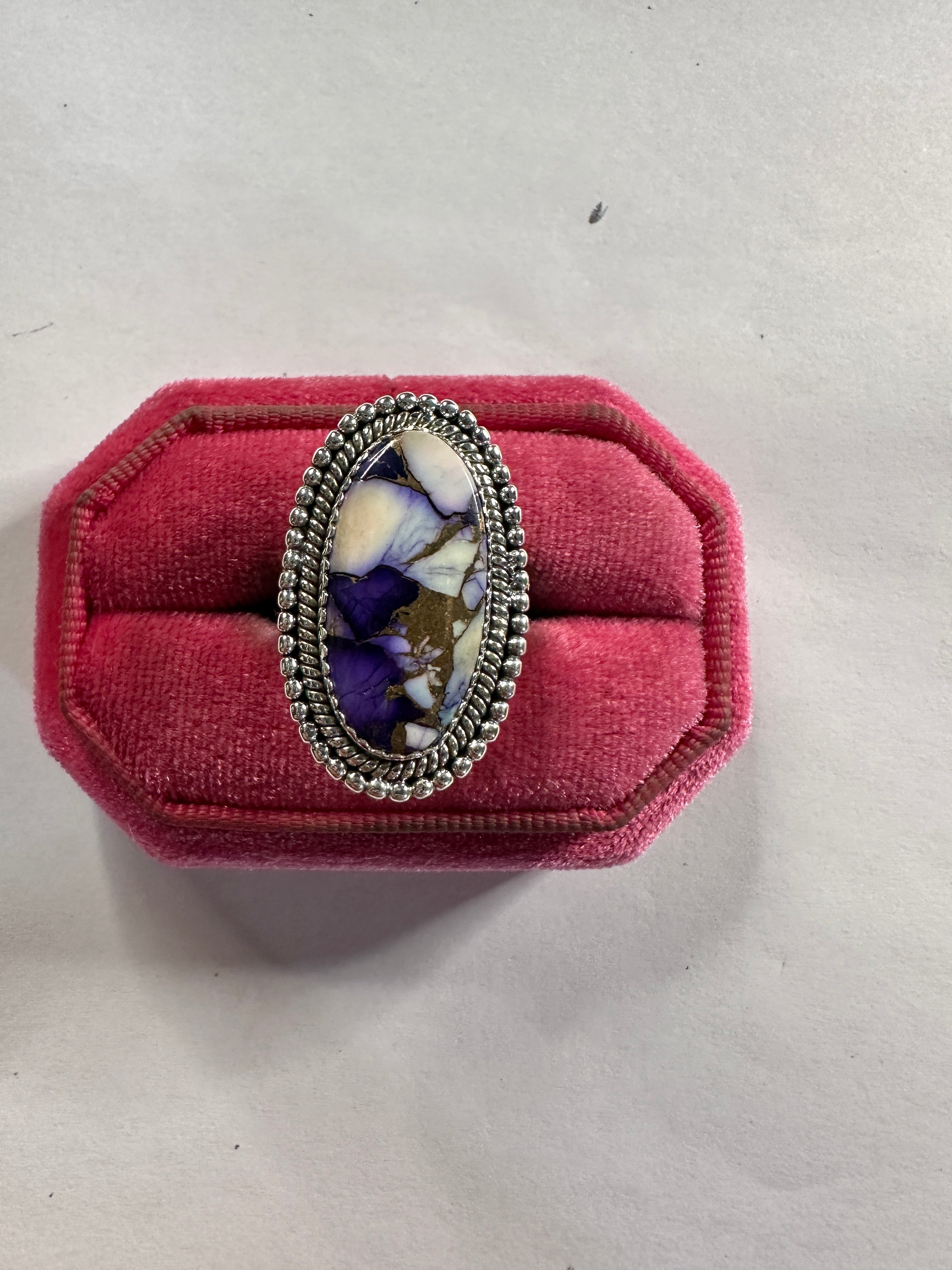 Beautiful Handmade Violet Frost And Sterling Silver Adjustable Ring OVAL