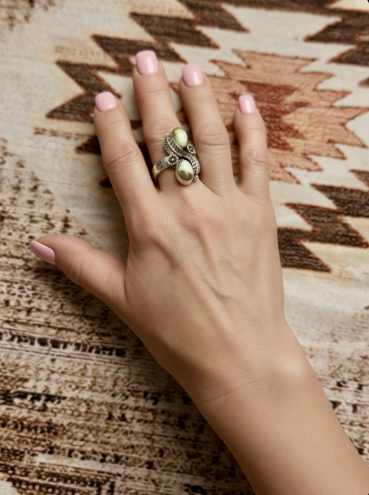 Beautiful Handmade Palomino Turquoise And Sterling Silver Adjustable 2 Stone Flower Leaf Ring