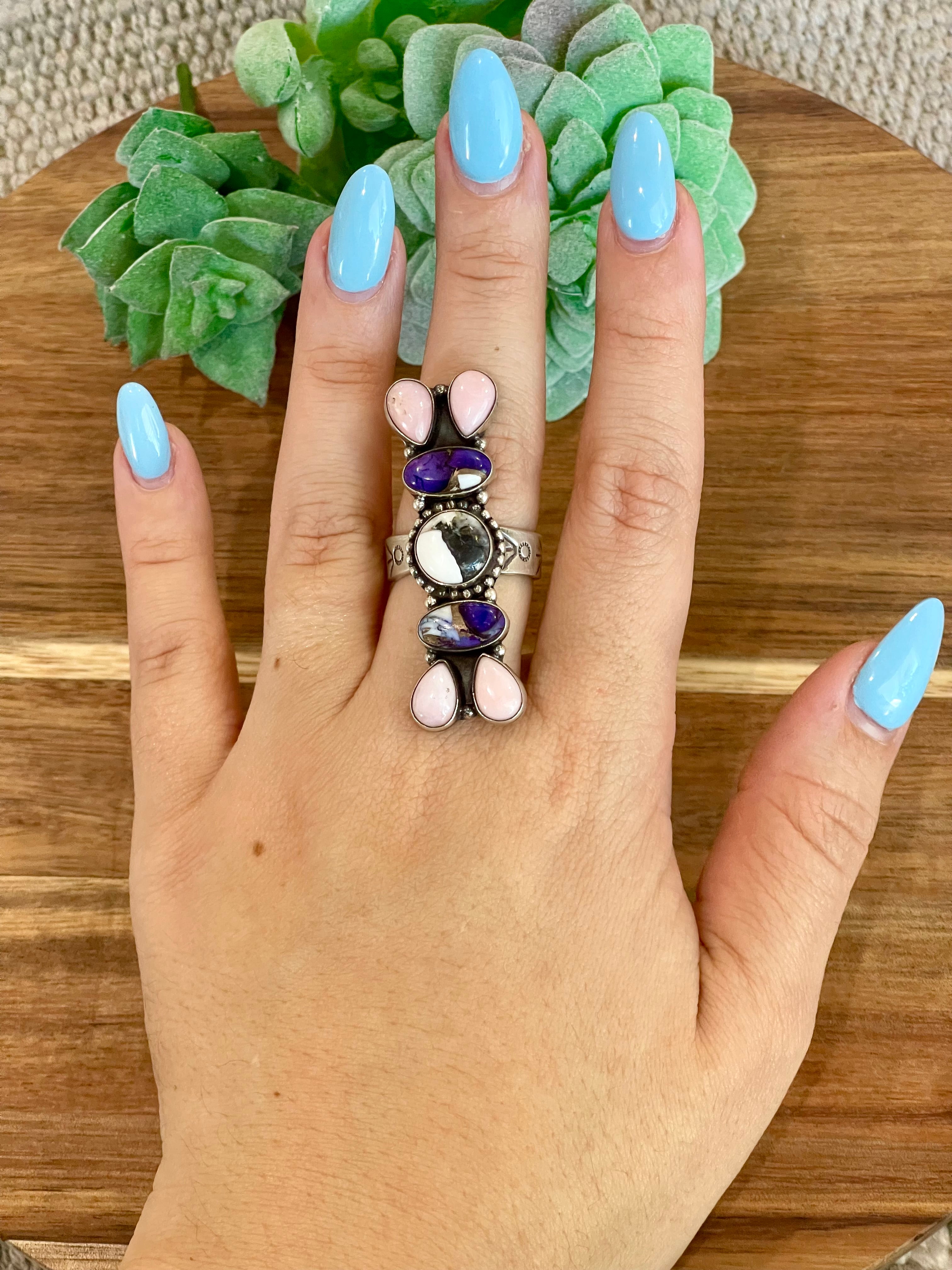 Beautiful Handmade Multi Stone And Sterling Silver Adjustable Ring