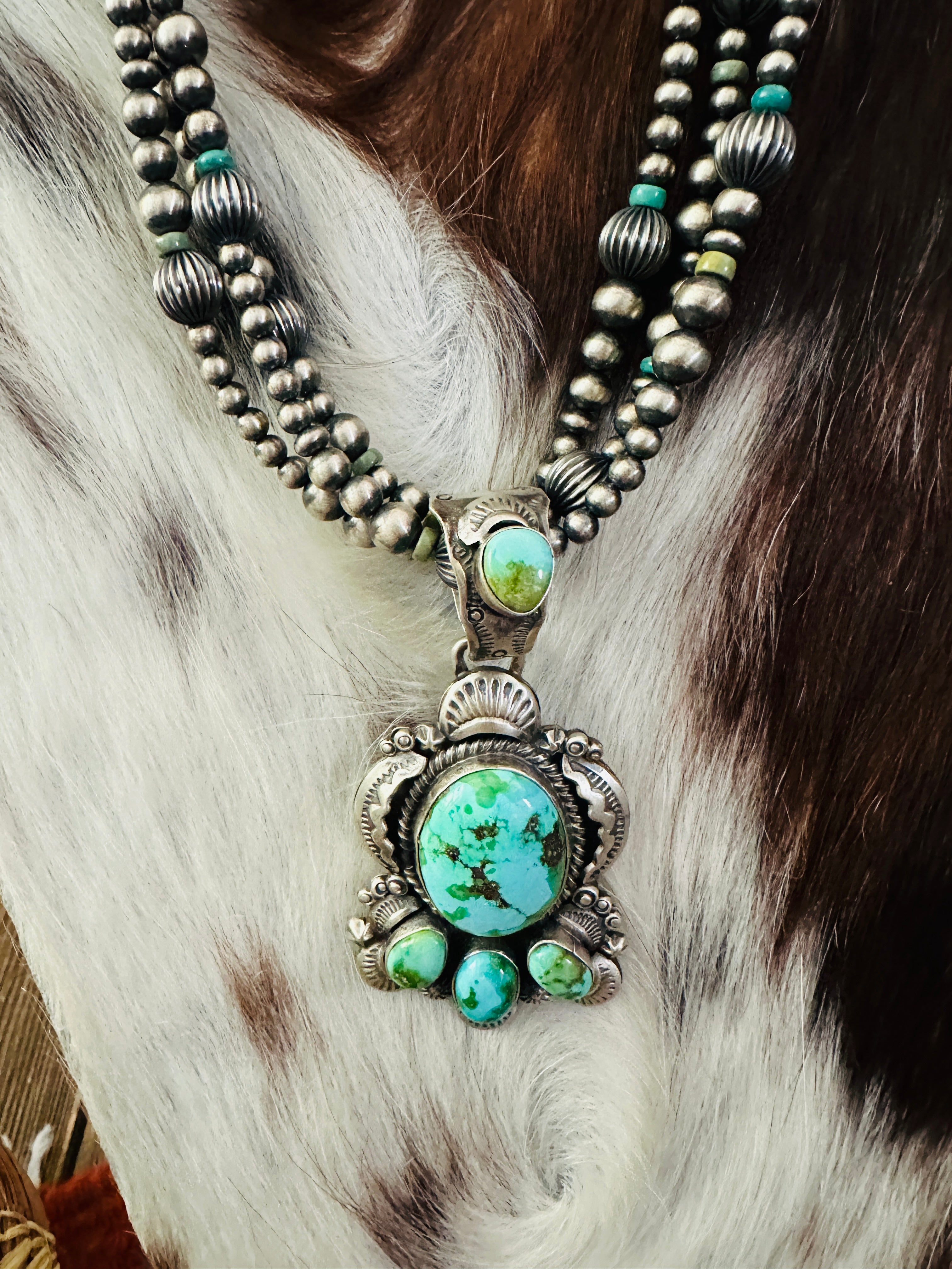 Handcrafted Sonoran Mountain Turquoise & Sterling Silver Beaded Necklace by Gilbert Tom