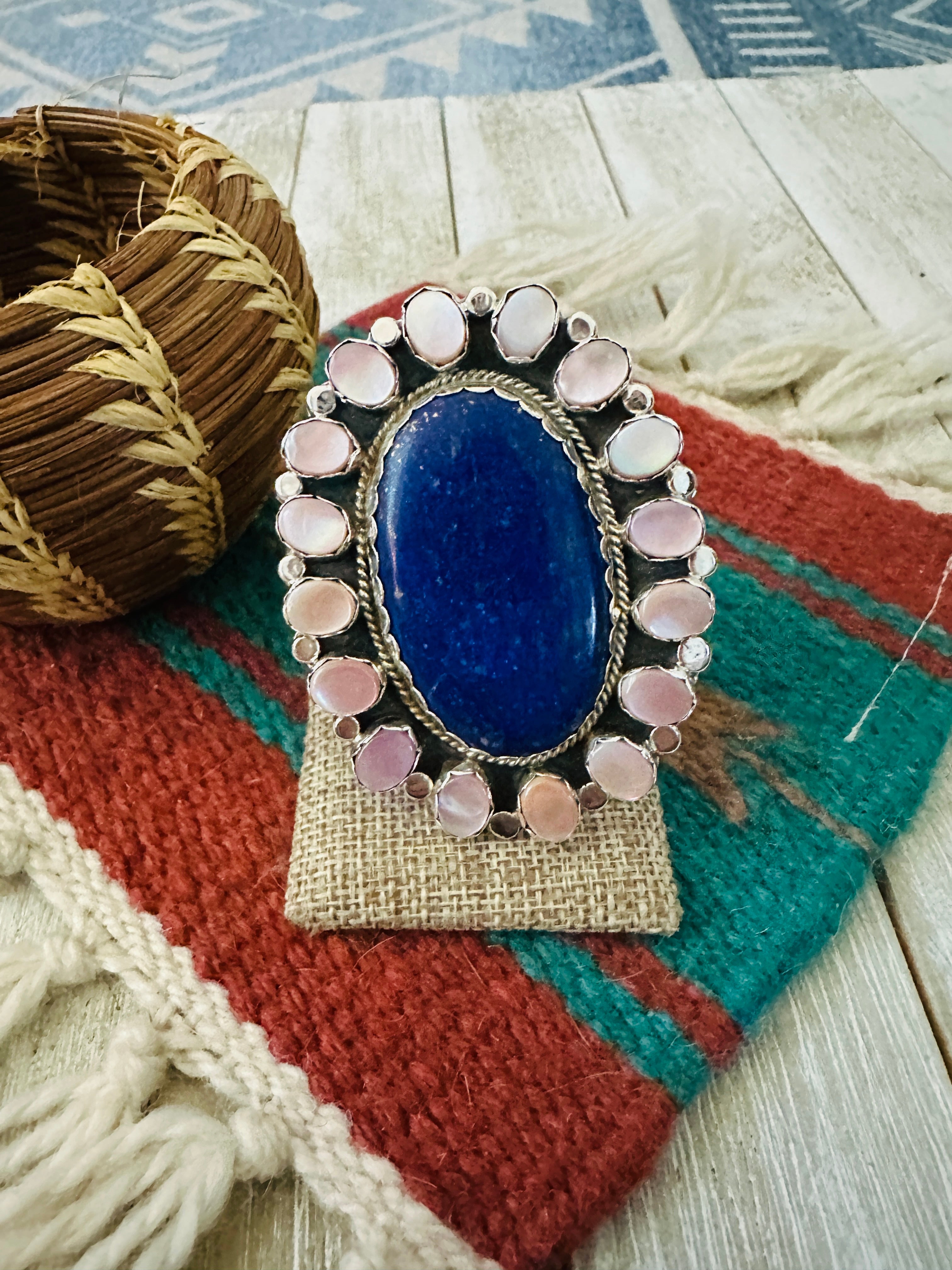 Handcrafted Lapis, Mother of Pearl Oyster & Sterling Silver Cluster Ring Size 9