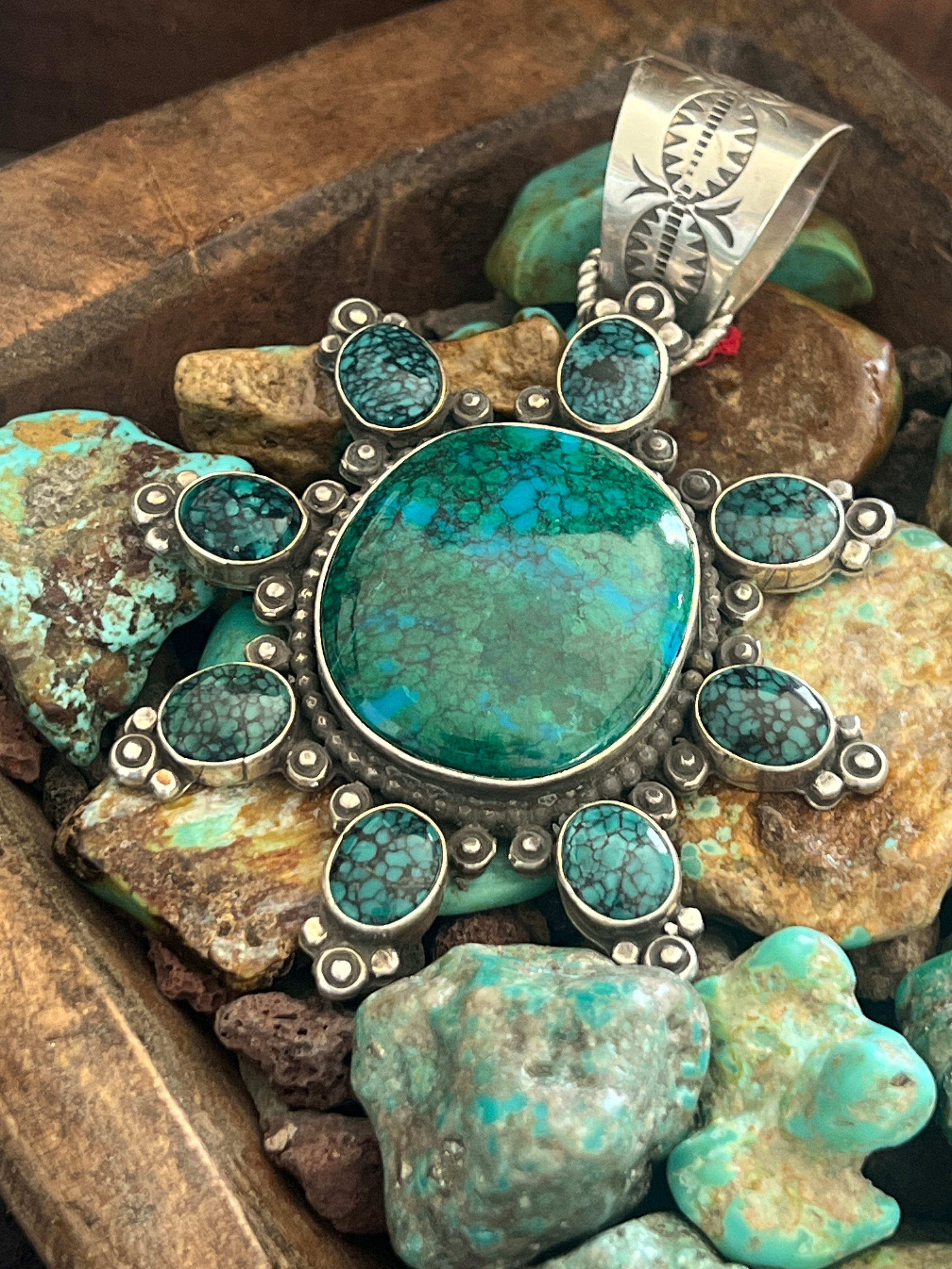 Apache Made Sterling Silver, Hubei Turquoise & Chrysocolla Cluster Pendant by Rosella Paxson