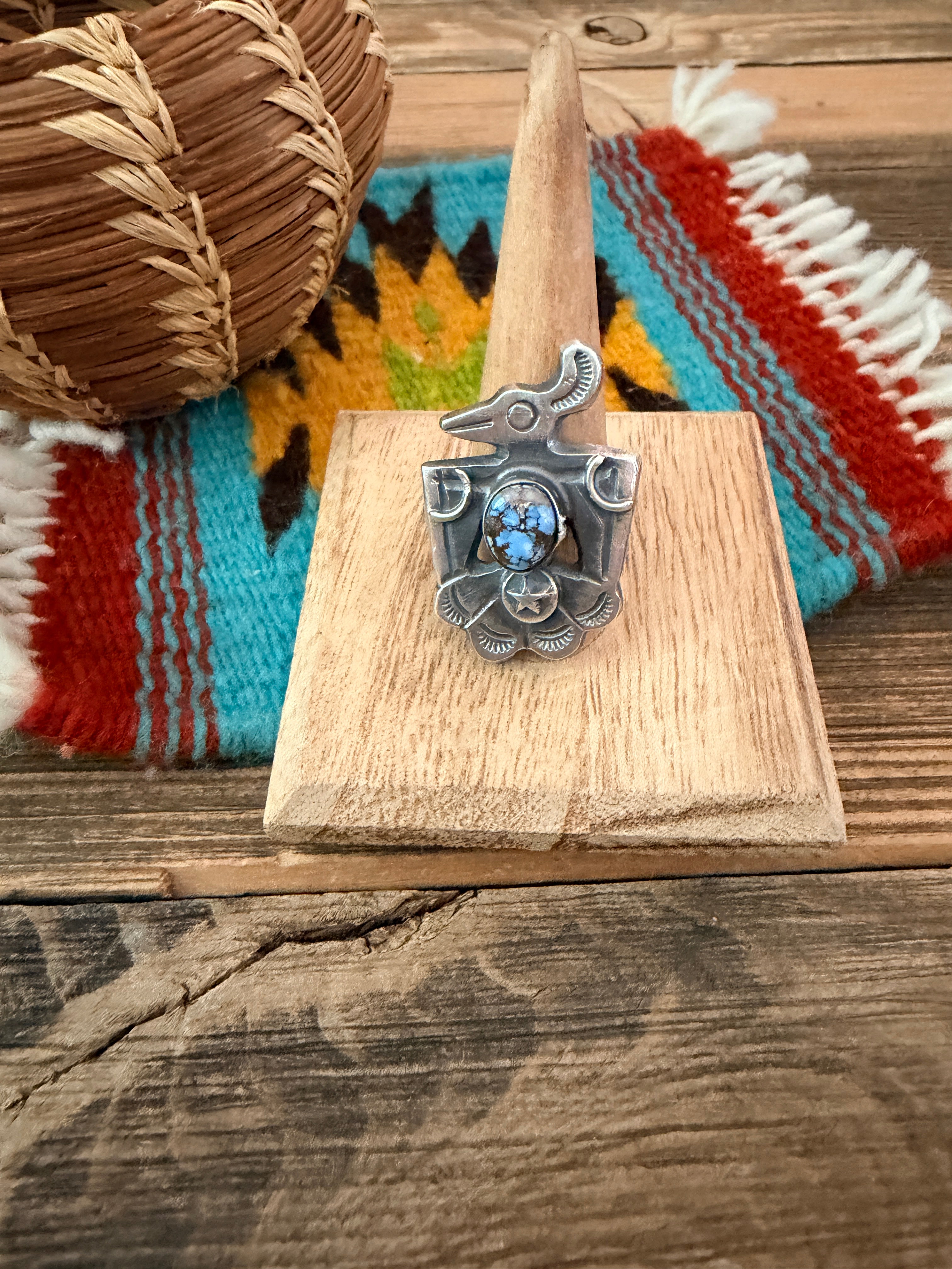 Handcrafted Golden Hills Turquoise and Sterling Silver Thunderbird Ring size 8.75 by Chimney Butte