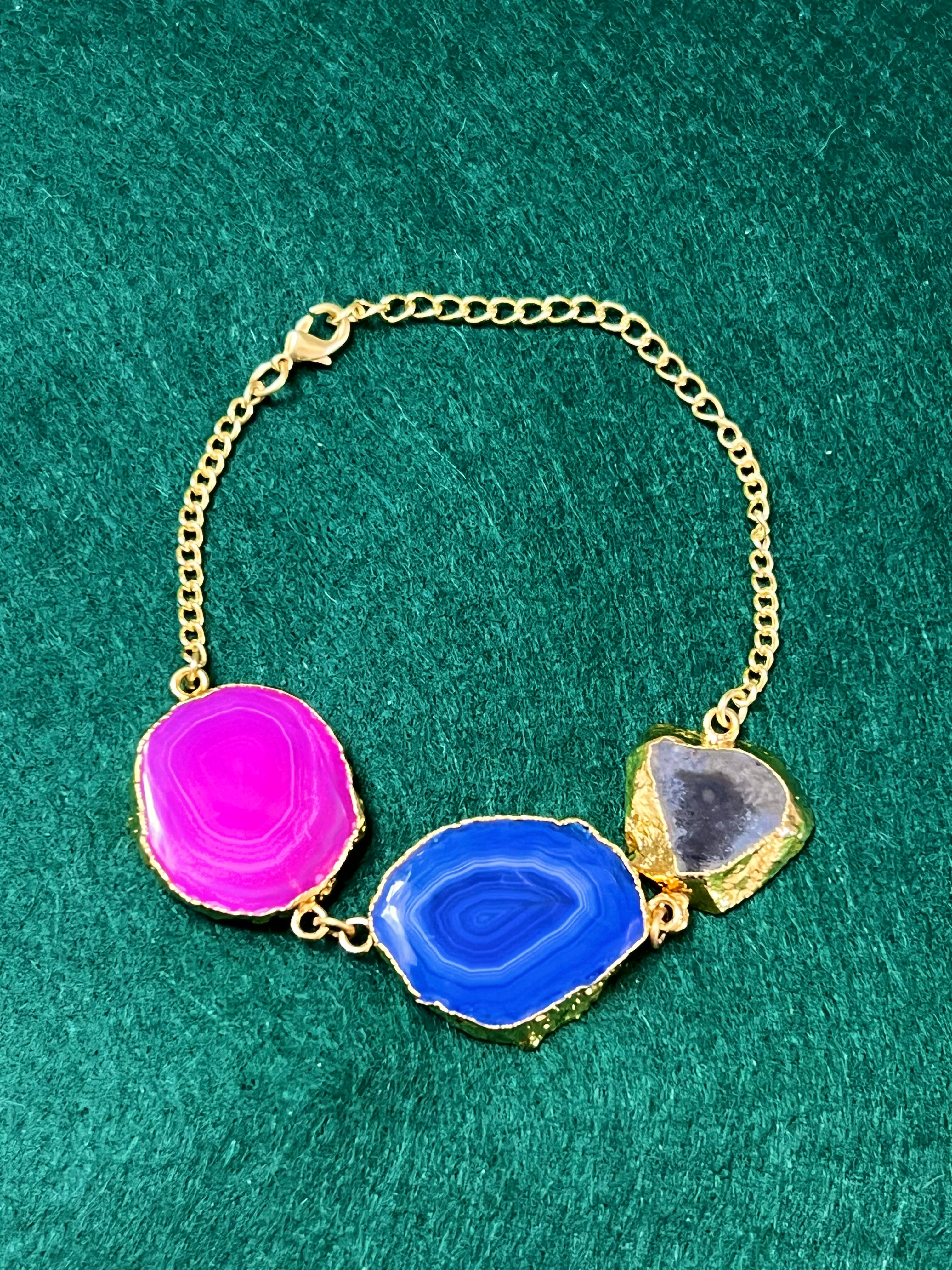 Handmade 14k Gold Druzy Plated Brass With Hot Pink, Grey, & Blue Geodes Bracelet
