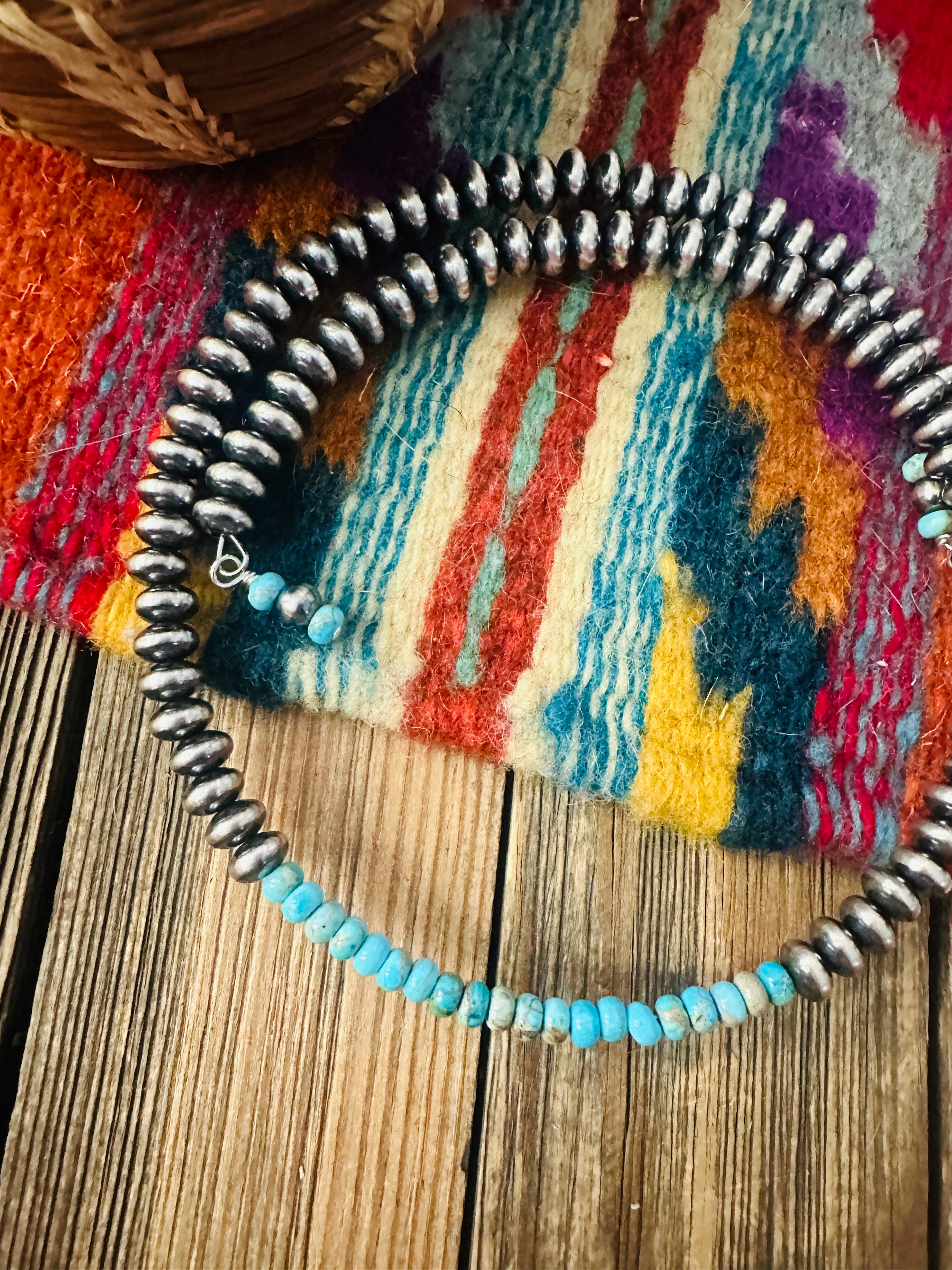 Handcrafted Turquoise & Sterling Silver Beaded Wrap Choker Necklace