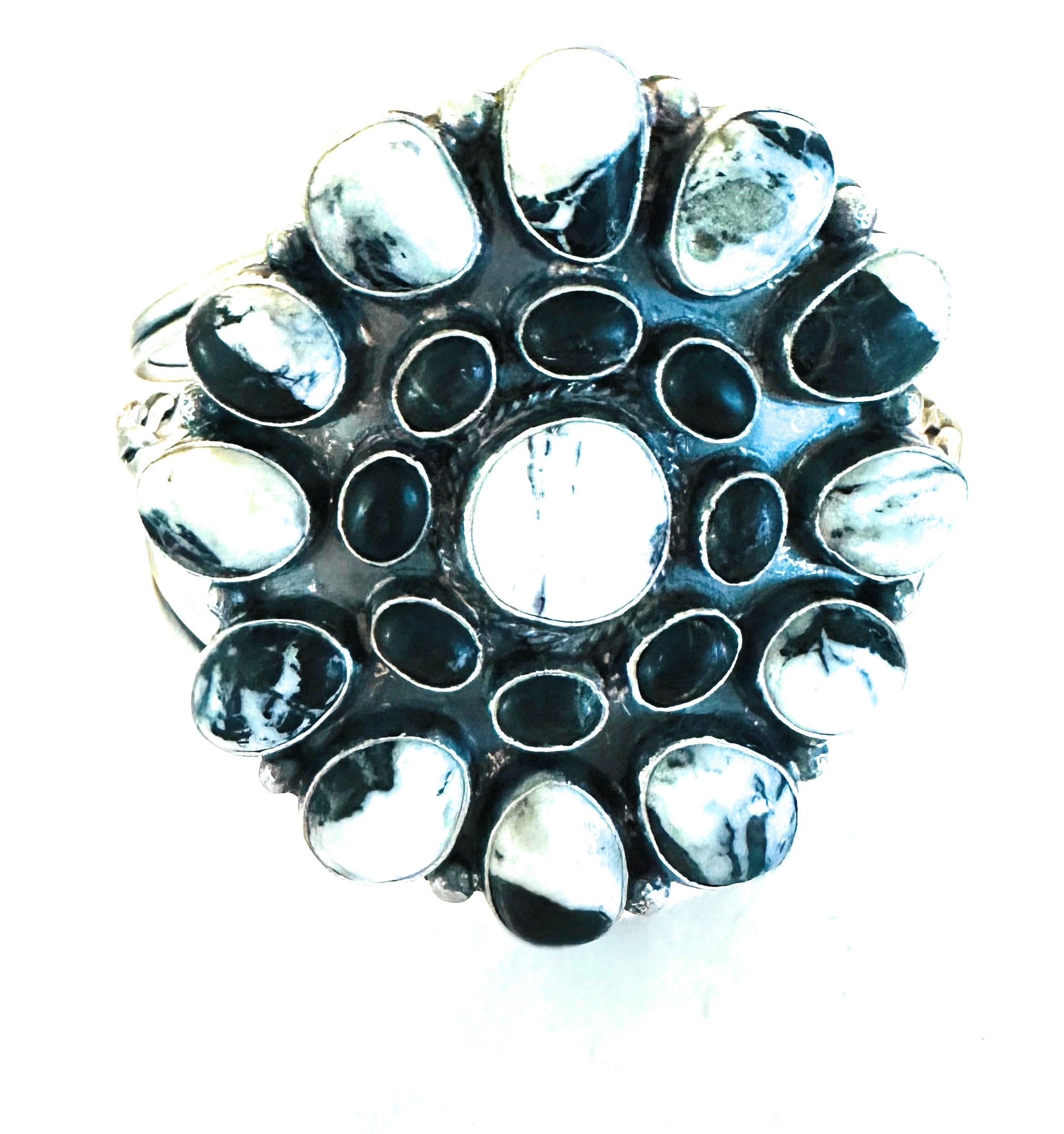 Handcrafted White Buffalo & Sterling Silver Cluster Cuff Bracelet /