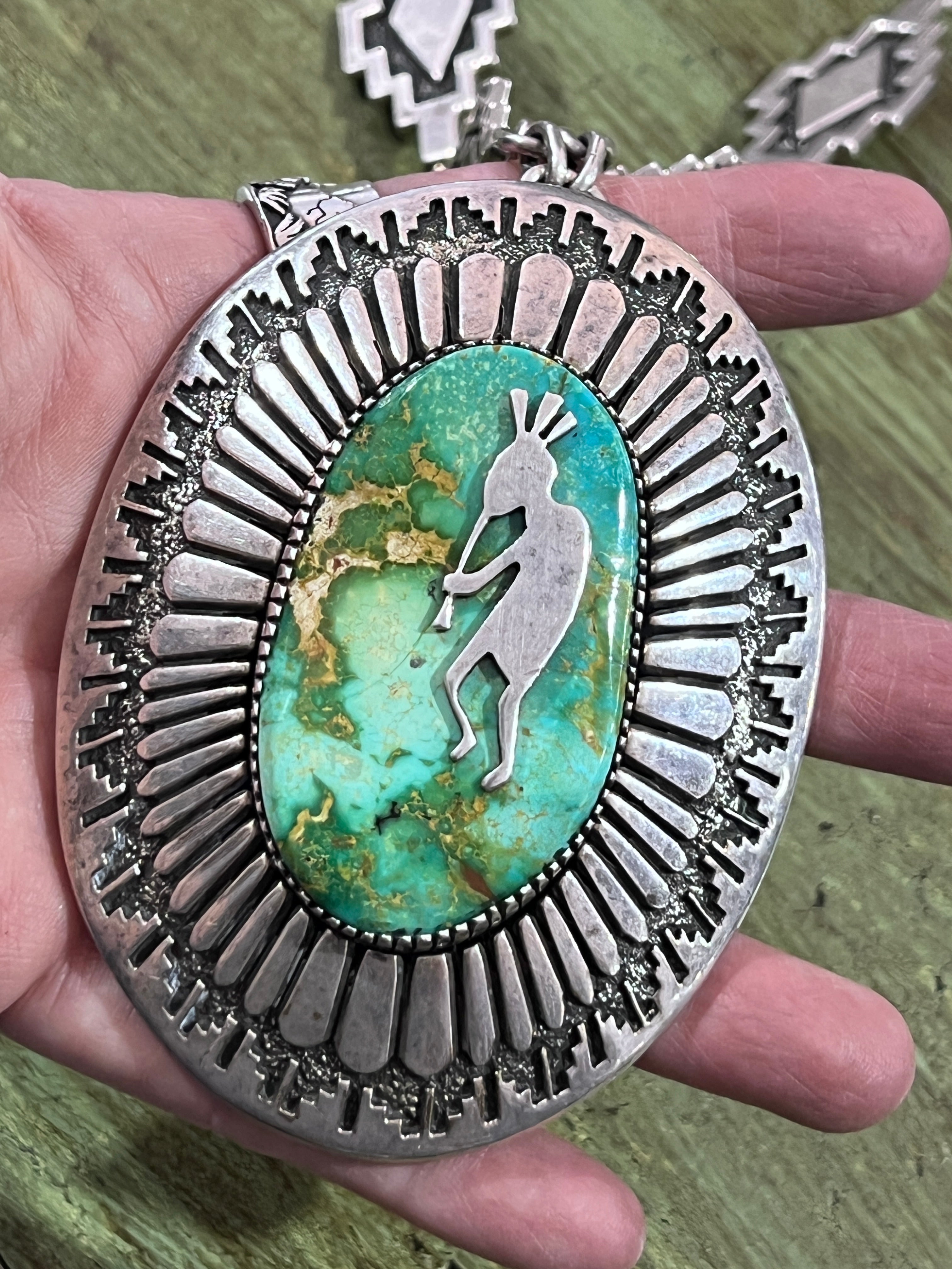 Vintage Handcrafted Sterling Silver and Royston Turquoise Kokopelli Necklace by Tommy Jackson