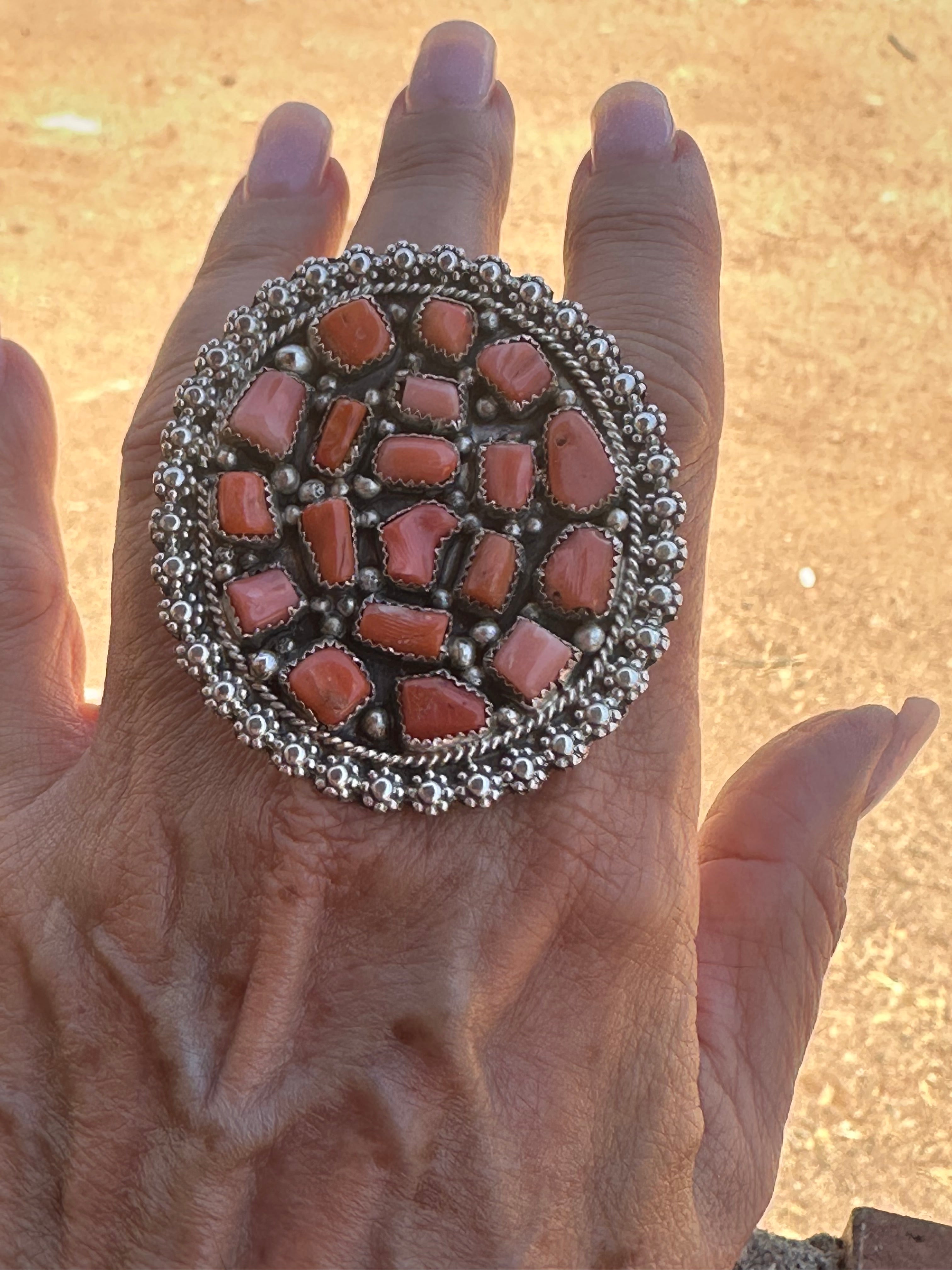 Handcrafted Old Pawn Natural Coral Cluster Ring Adjustable